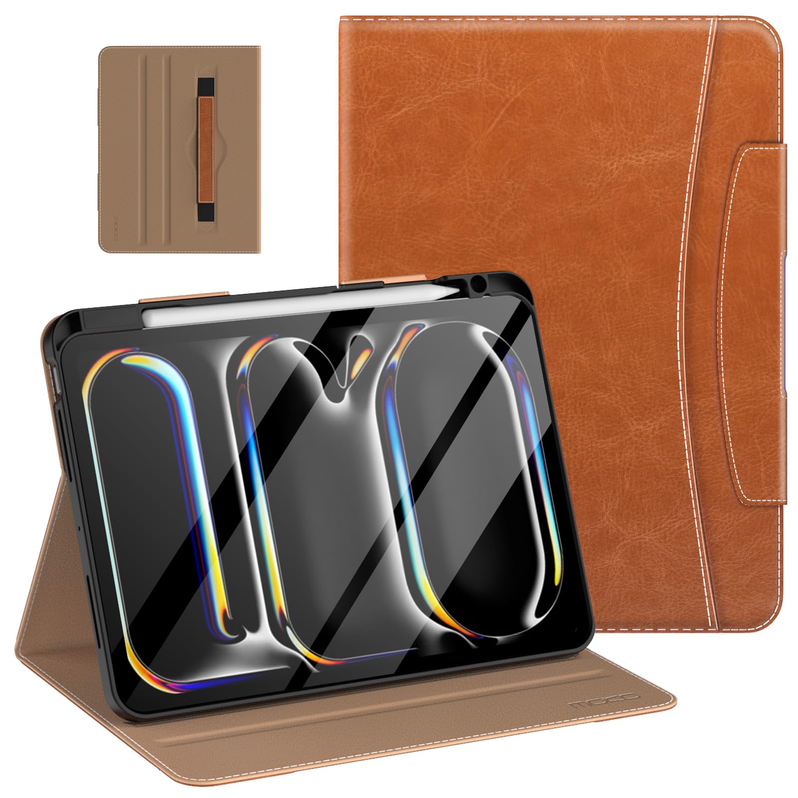 MoKo Case for iPad Pro 11 Inch M4 2024 (5th Generation) with Pencil Holder & Pocket, Built in Hand Strap, Multi Angle Viewing, Premium PU Leather Folio Cover for iPad Pro 11 2024, Brown