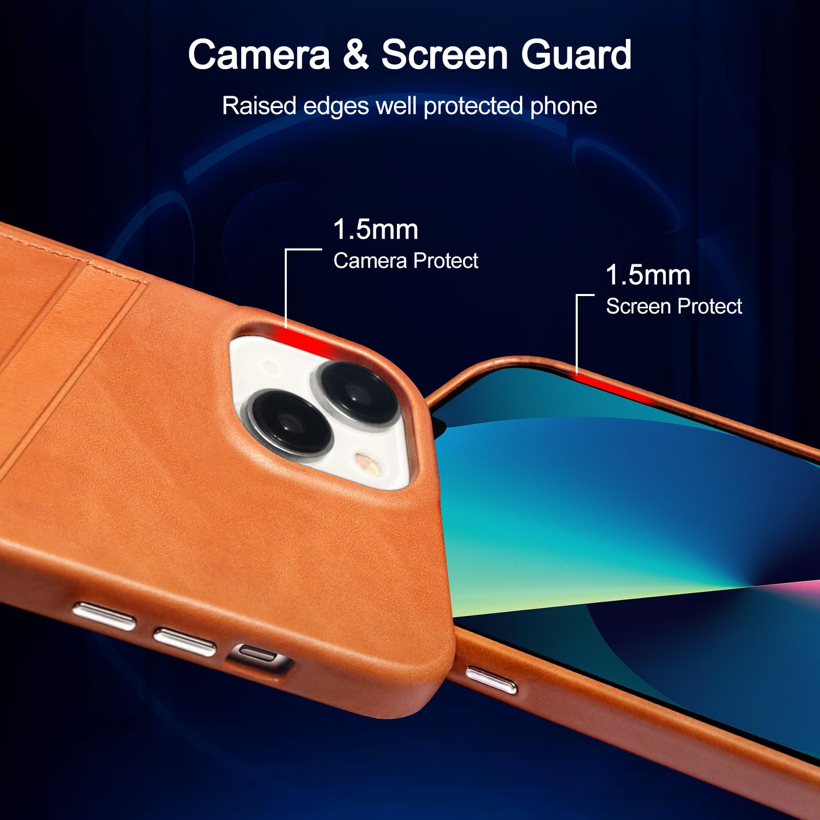 LUCKYCOIN Genuine Leather iPhone 13 Wallet Phone Case with Card Holder Shockproof Tan 6.1 inch