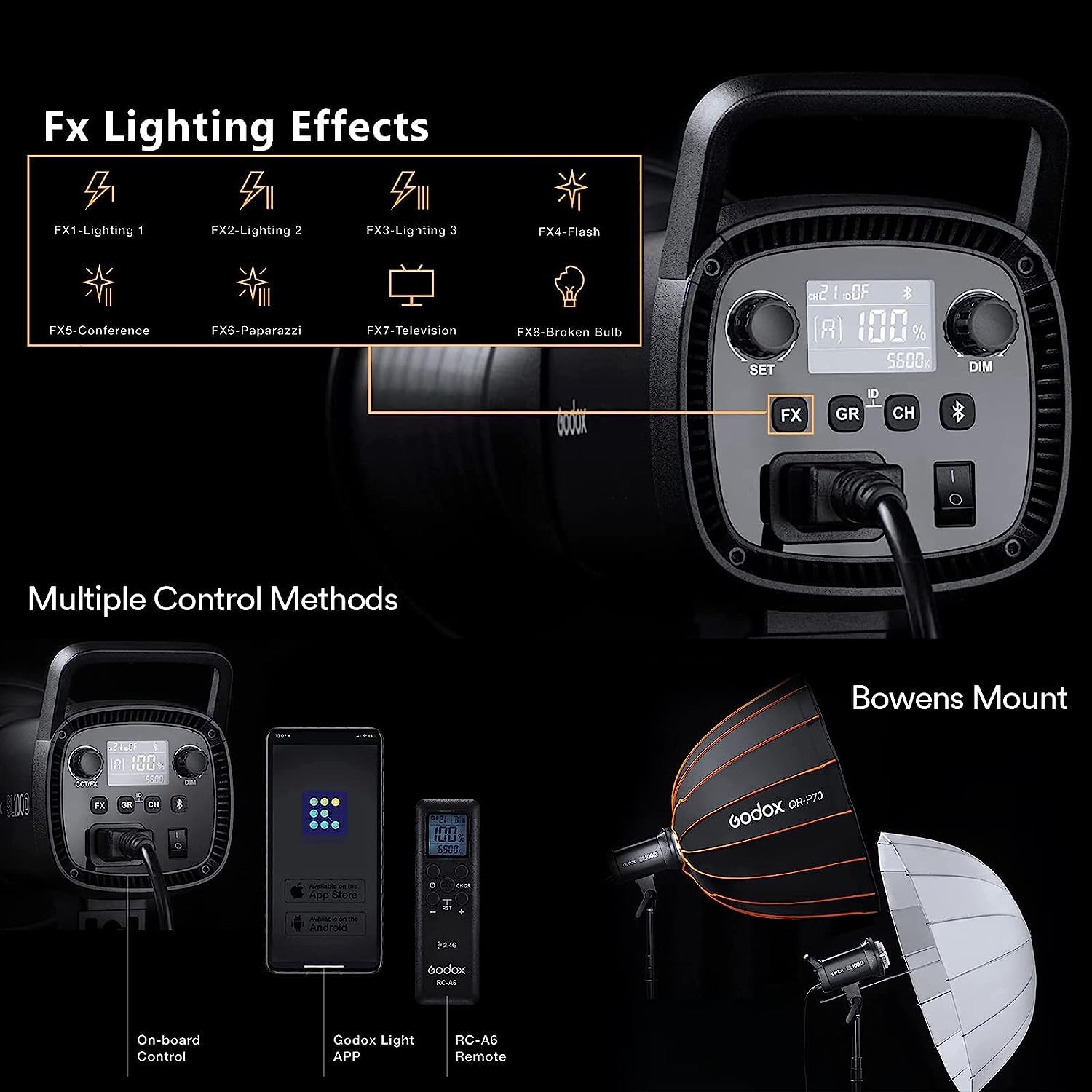 Godox Sl60Iid 70W Led Video Light, 18600Lux@1M 5600K Cob Led Continuous Light, Bluetooth App&2.4G Wireless Remote Control 8 Buil