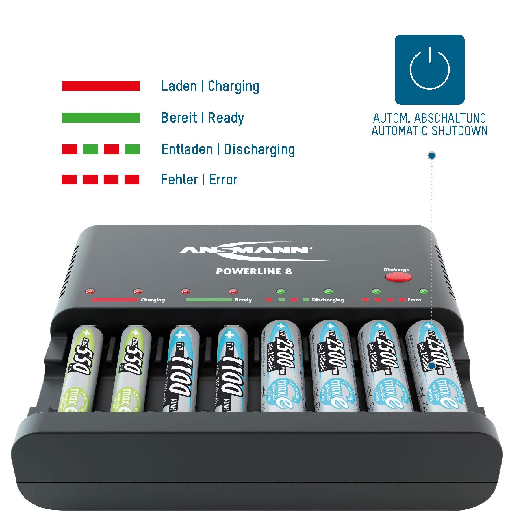 1001-0006 Ansmann Powerline 8 Intelligent Battery Charger For 1-8 Pc Of Aa/Aaa Nimh Batteries With Discharge Function