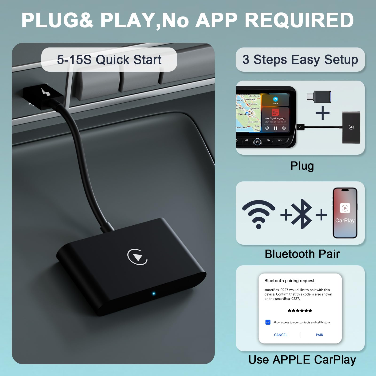 Carplay Wireless Adapter,Wireless Carplay Adapter/Dongle,Plug & Play 5Ghz Wifi Online Update,Low Latency,Easy To Install,Support