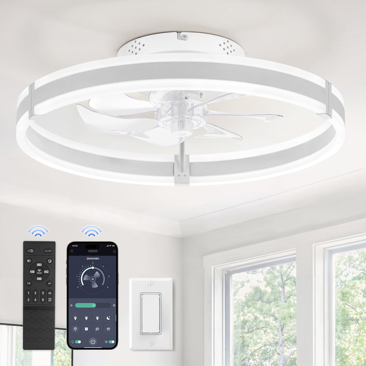 Zmishibo Ceiling Fans With Lights And Remote, 19.7'' Low Profile Ceiling Fans, 3000 6000K Dimmable Modern Flush Mount Led Fan Li