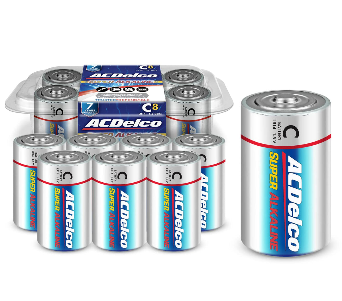 Acdelco 8 Count C Batteries, Maximum Power Super Alkaline Battery, 7 Year Shelf Life, Recloseable Packaging