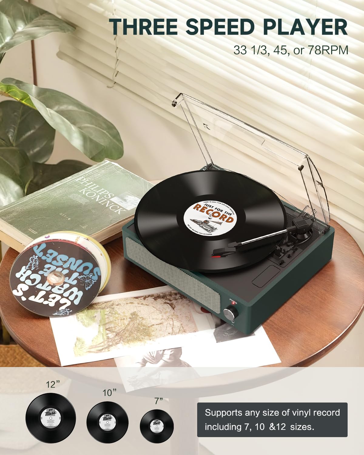 seasonlife R608 Record Player Turntable 3-Speed Bluetooth Stereo Speakers Auto Stop Plastic Dark Blue for 7/10/12 inch Vinyl