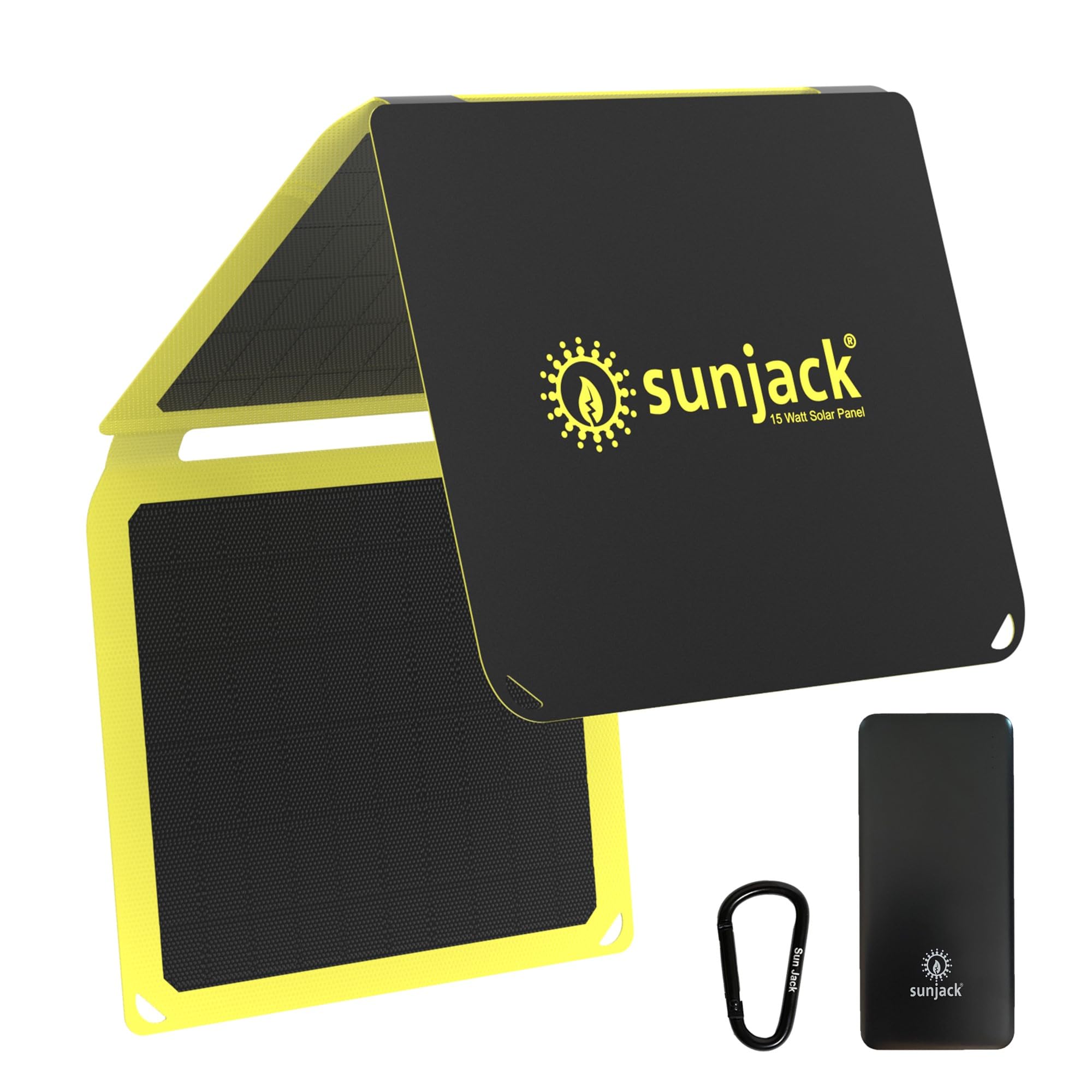Sunjack 15 Watt Foldable Ip67 Waterproof Etfe Monocrystalline Solar Panel + 10000Mah Power Bank With Usb A And Usb C For Cell Ph