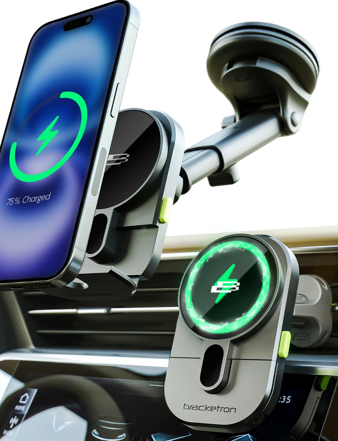 Bracketron Magalign Extend 15W Magsafe Car Mount Charger, Magnetic Car Phone Holder Charger Wireless Car Charger For Iphone 16 P