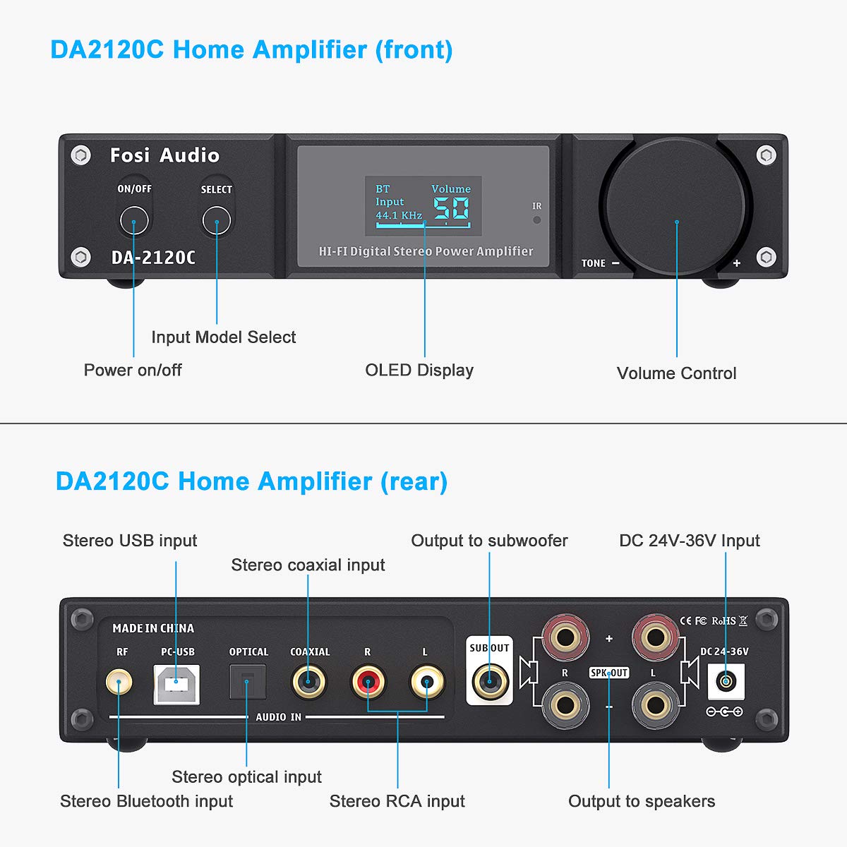 Fosi Audio Da2120C 240W Bluetooth 5.0 Stereo Audio Hi Fi Dac Amplifier Support Aptx 24Bit 192Khz 2.1 Channel Integrated Class D