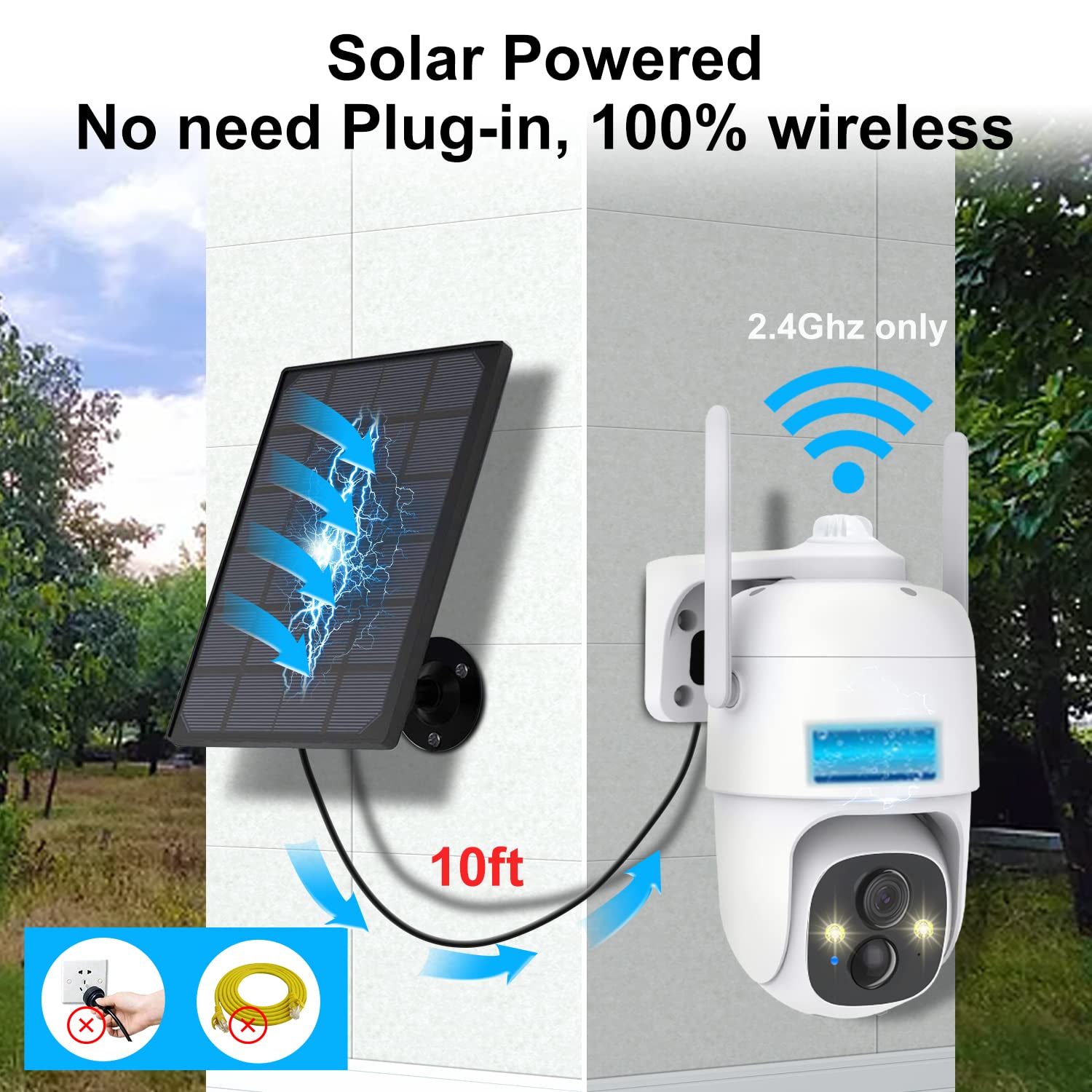 2K Ptz Solar Wifi Security Camera With Ai Motion, Color Night Vision, 360 View, Waterproof, Alarm   Rechargeable Battery