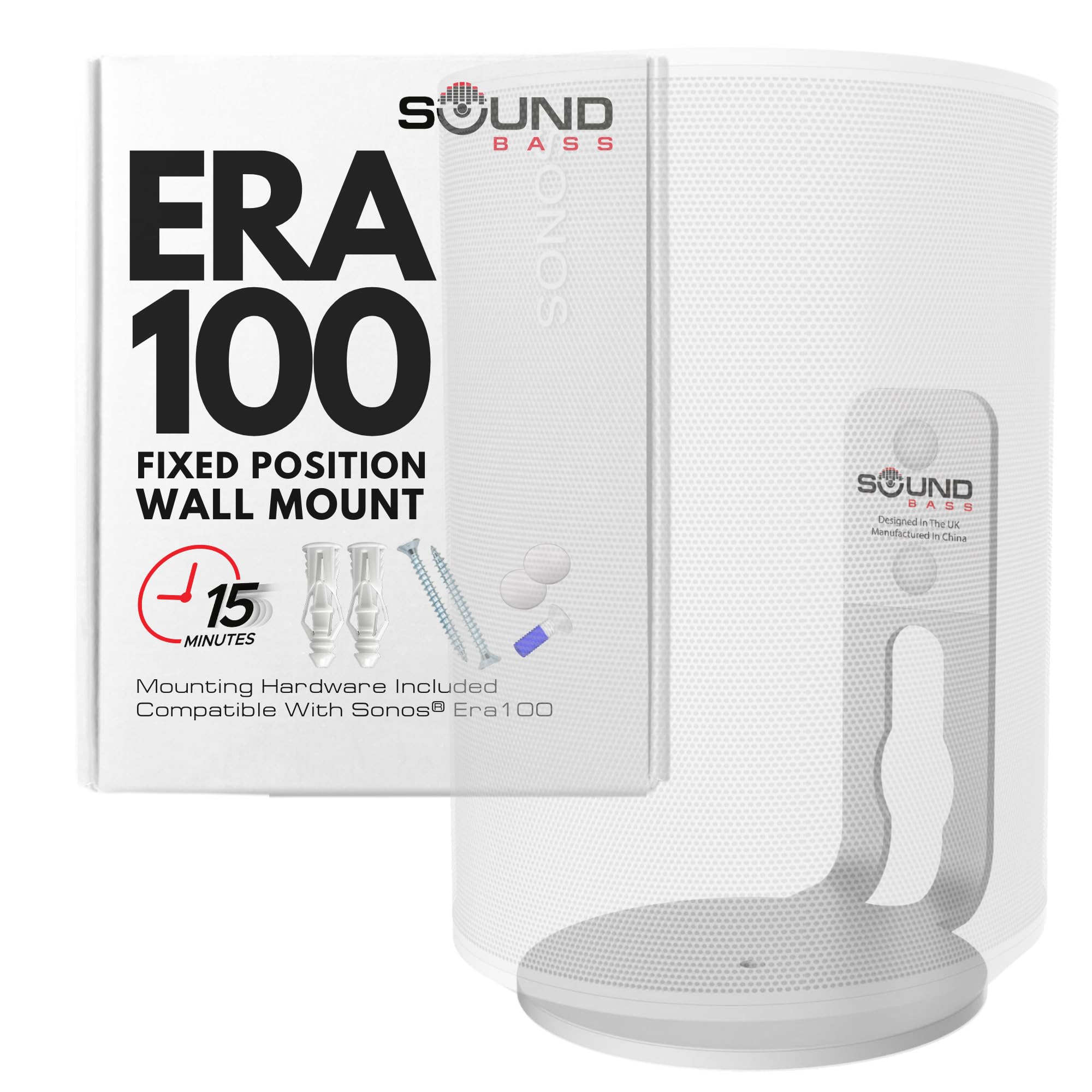 Era100 Wall Mount Bracket, Low Profile, White, Single Unit, Compatible With Sonos Era 100 Speaker, Complete With All Fixing Hard