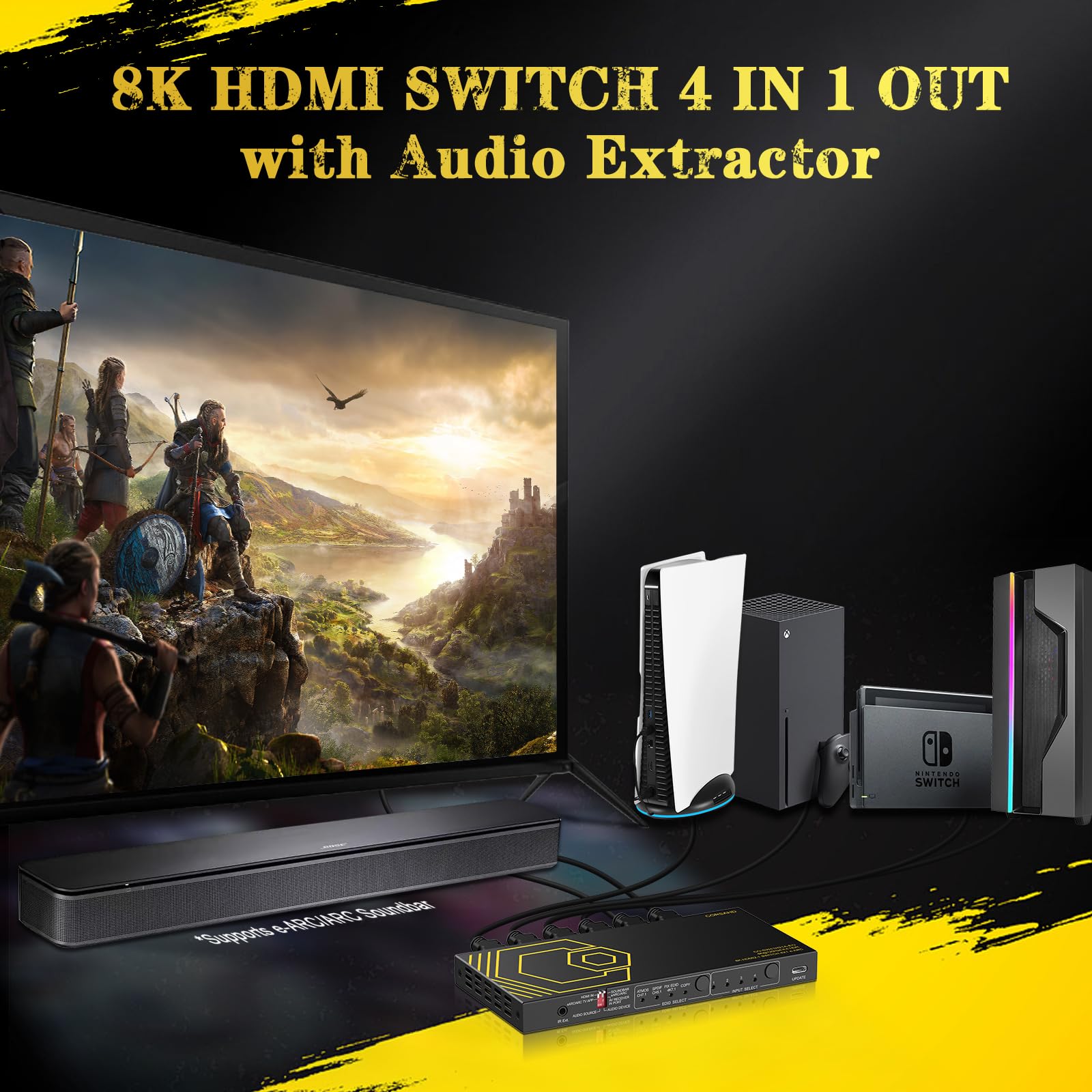 8K@60Hz 4K@120Hz Hdmi2.1 Switch 4 In 1 Out With Audio Extractor Earc,Arc,7.1Ch,Spdif 5.1Ch,48Gbps,Hdcp2.3 Bypass,Vrr,Ir,3D,Hdr 1