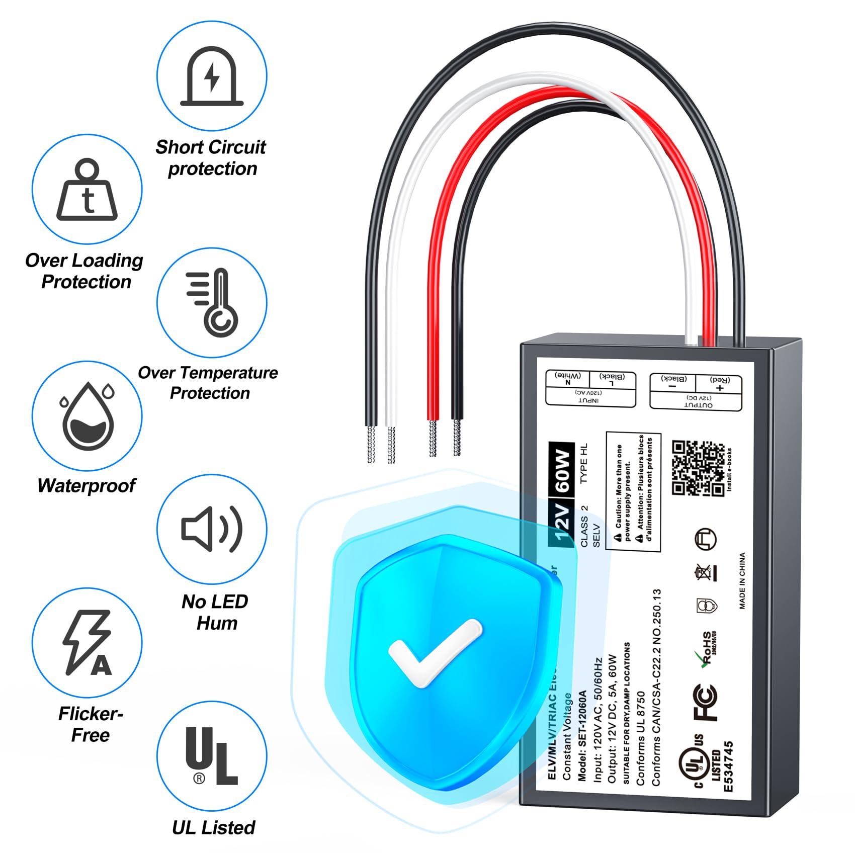 60W Dimmable Led Driver 12V,Triac Elv/Mlv Led Transformer Compatible With Lutron&Leviton Switches,Dimmable Led Power Supply For