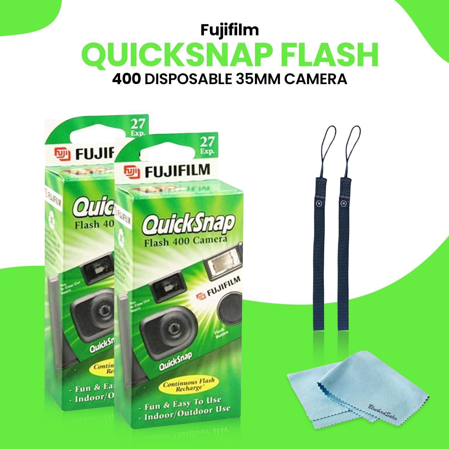 Fujifilm Quicksnap Flash 400 Disposable 35Mm Camera � 4 Pack � 4 Hand Straps � 2 Bluebirdsales Microfiber Cloth, Green, 7033661