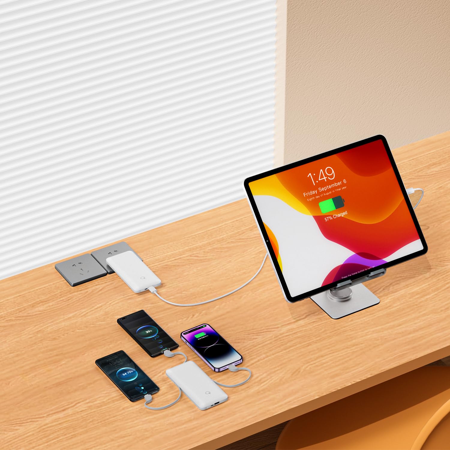 Q 10000Mah Power Bank, Slim Portable Charger,4 Output External Battery Pack With Built In Ac Wall Plug Micro Usb C Three Cables