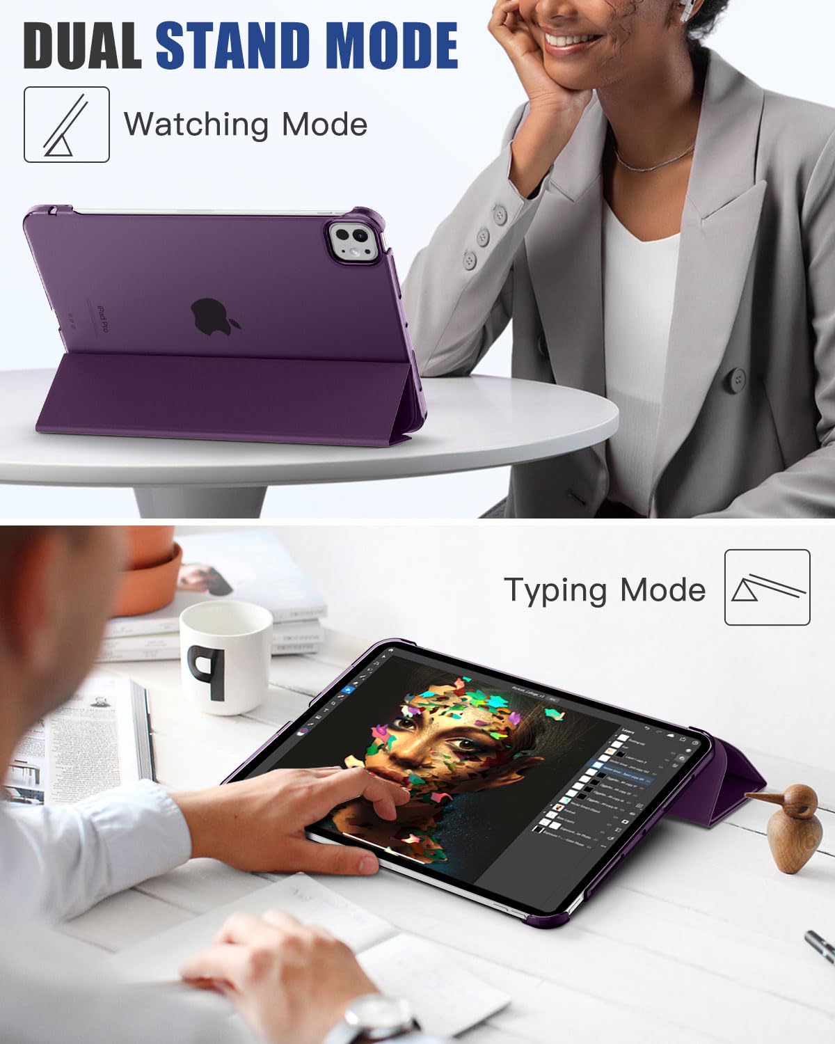 MoKo for iPad Pro 11 Inch Case M4 2024 (5th Gen), Ultra Slim Stand Case with Hard PC Translucent Back Shell Cover for iPad Pro 11'' 2024 Model (A2836/A2837/A3006), Support Apple Pencil Pro,Dark Purple