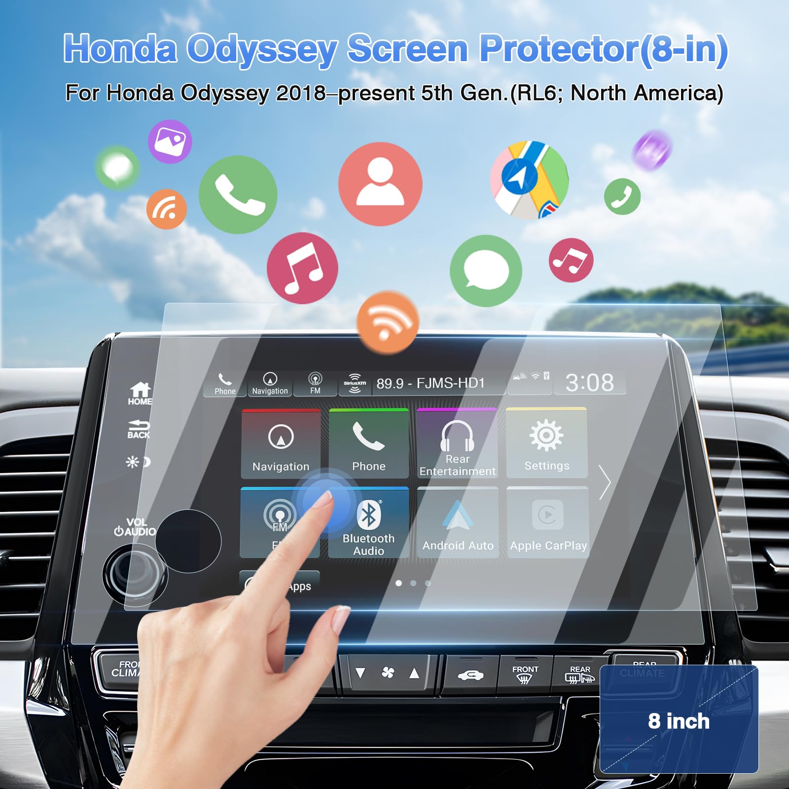 Sunsdrew 2Pcs Odyssey Screen Protector For 2018 2023 2024 Honda Odyssey(Ex/Ex L/Sport/Touring/Elite),8 Inch Touch Screen Radio Display Protector 9H Tempered Glass Protective Film Anti Glare