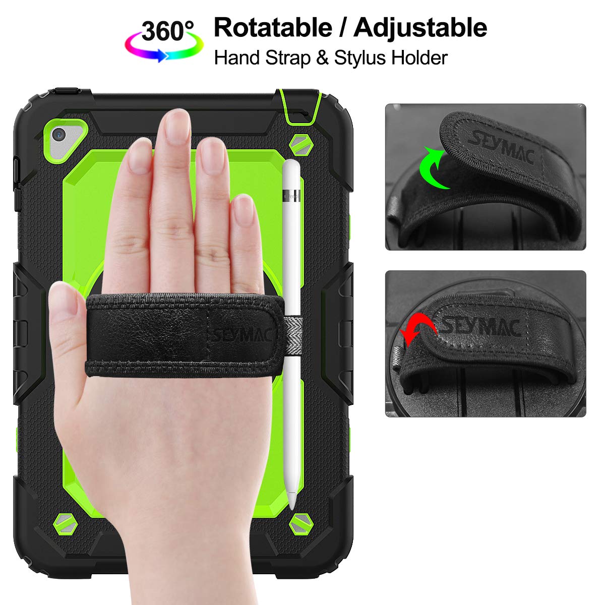 Seymac Stock Case For Ipad Mini 5/4 With Screen Protector Pencil Holder [360 Rotating Hand Strap] & Stand, Drop Proof Case For I