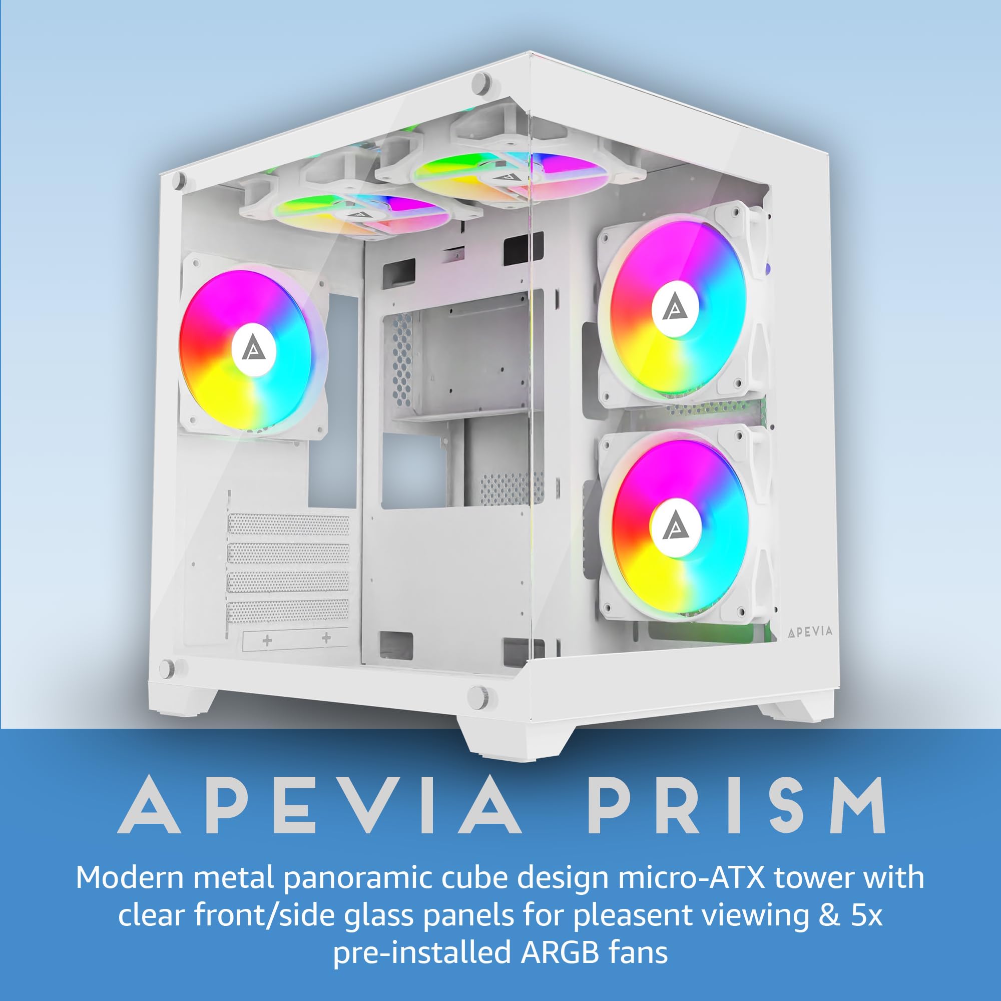 Apevia Prism Wh Prism Micro Atx Gaming Pc Cube Case W/ 5X 120Mm Argb Fans, 366 Rgb Modes, Dual Tempered Glass Panels, 240Mm Radi