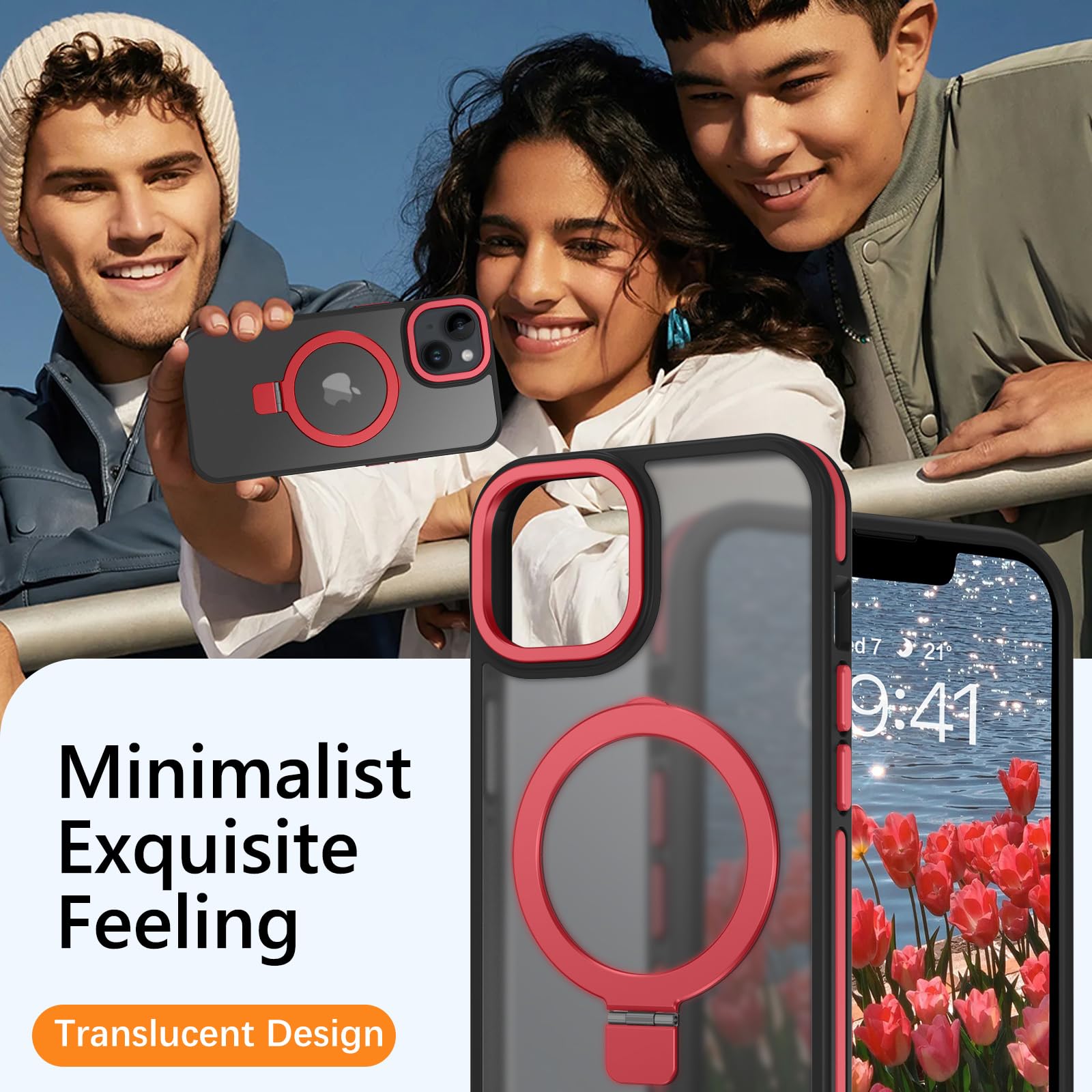 Veningo Iphone 14 Case, Iphone 13 Case,Magnetic Slim Fit Magsafe Translucent Matte Car Mount Supported Foldable Ring Holder Kick