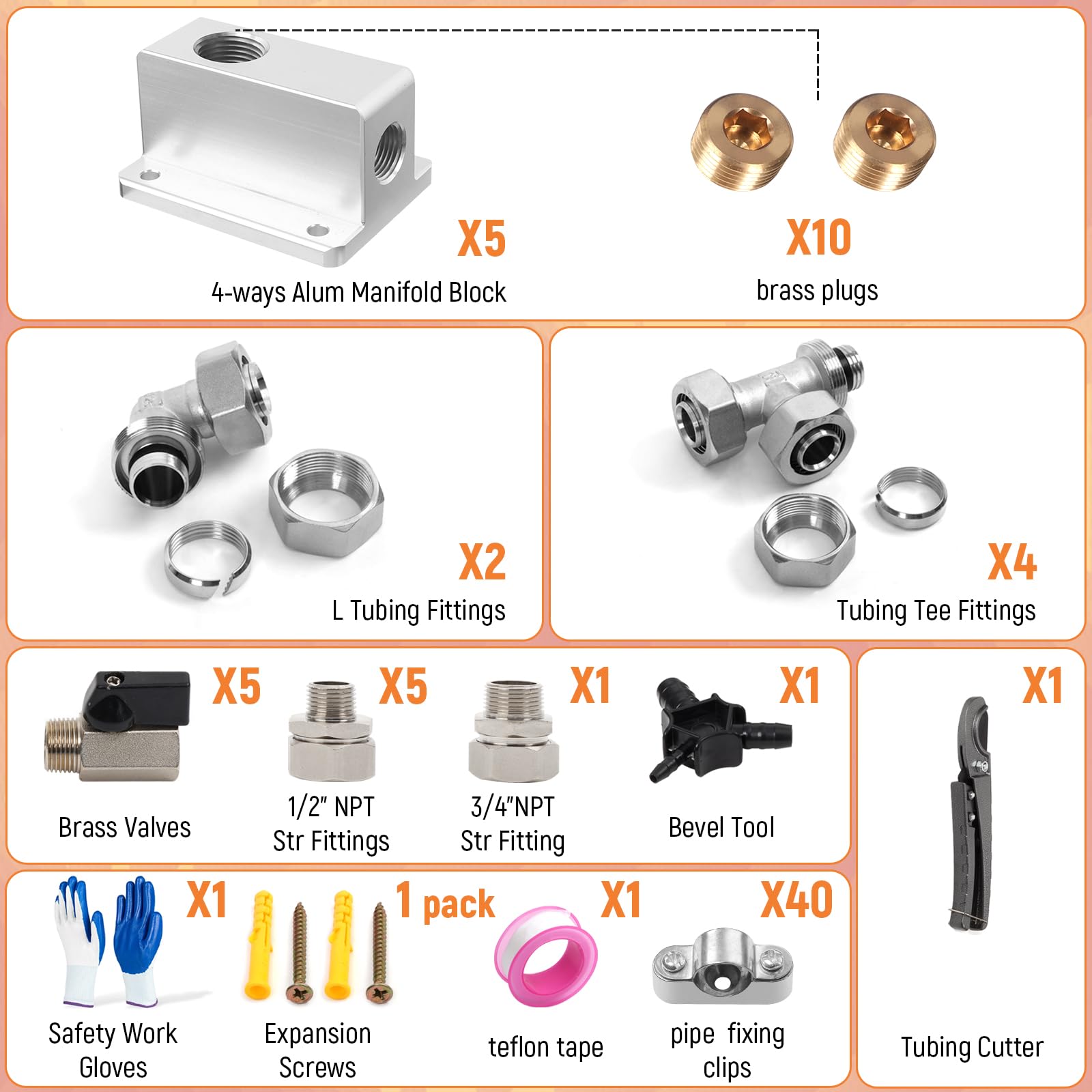 3/4''  120'&200'&300' Compressed Air Line Kit,Hdpe Aluminum Hdpe Piping,Includes 2  Right Angle Fittings And 4  Tee Fittings,Lea