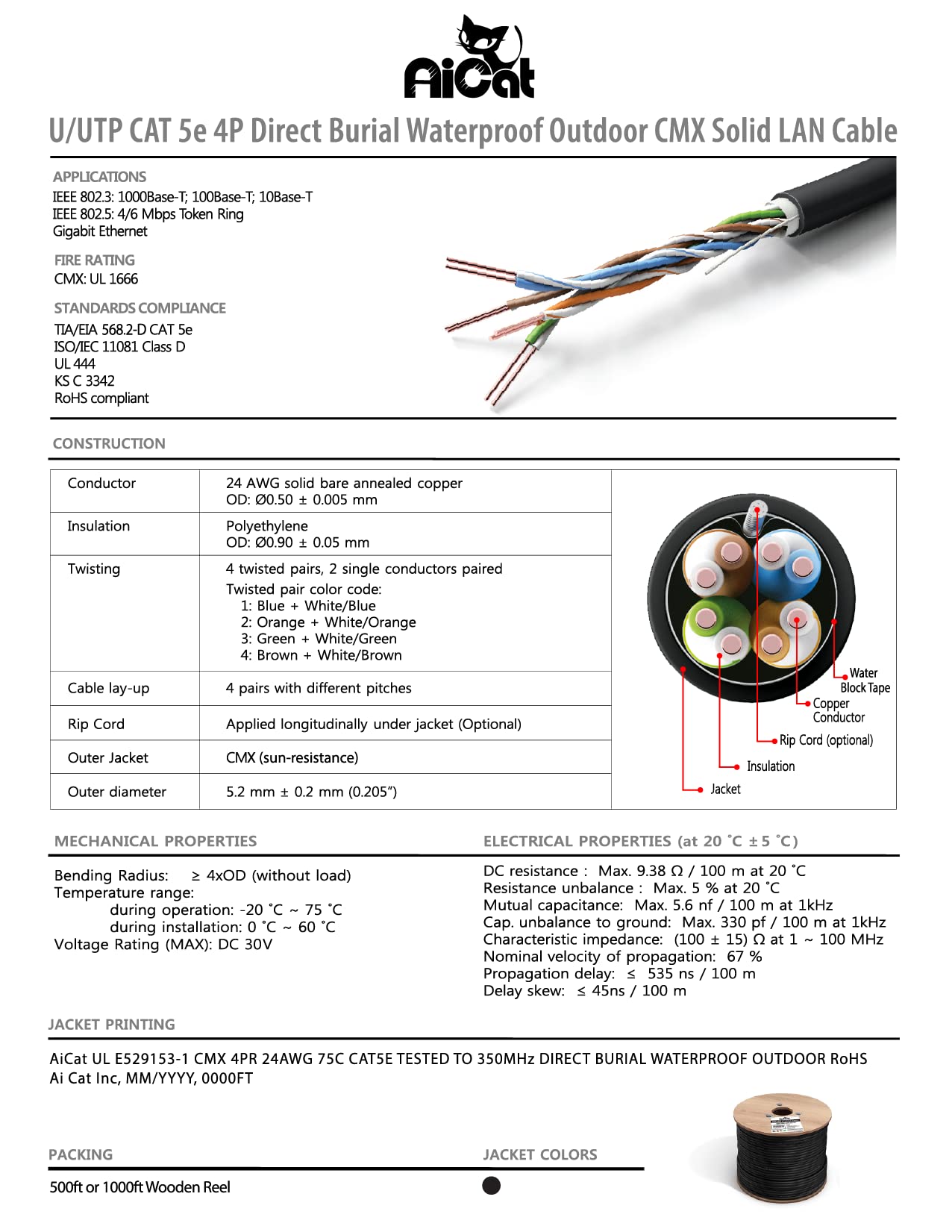 Aicat Cat6 Outdoor Ethernet Cable Direct Burial Unshielded Riser Cmx Rated 500Ft, Uv Resistant 23Awg Solid Bare Copper, 550Mhz,