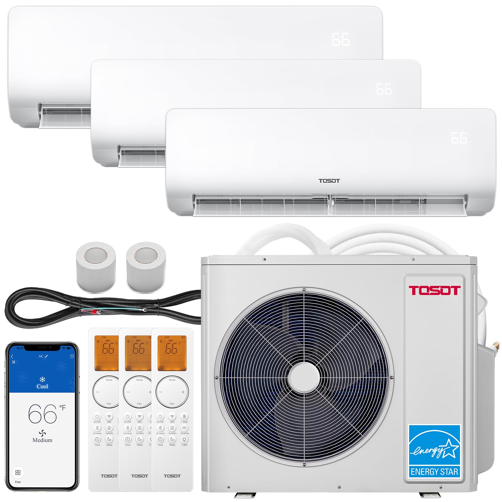 TOSOT 36,000 BTU Tri 3 Zone Mini Split AC with Heat Pump, 21 SEER2, 230V, Wifi-Enabled Ductless Inverter Split System with 16.4