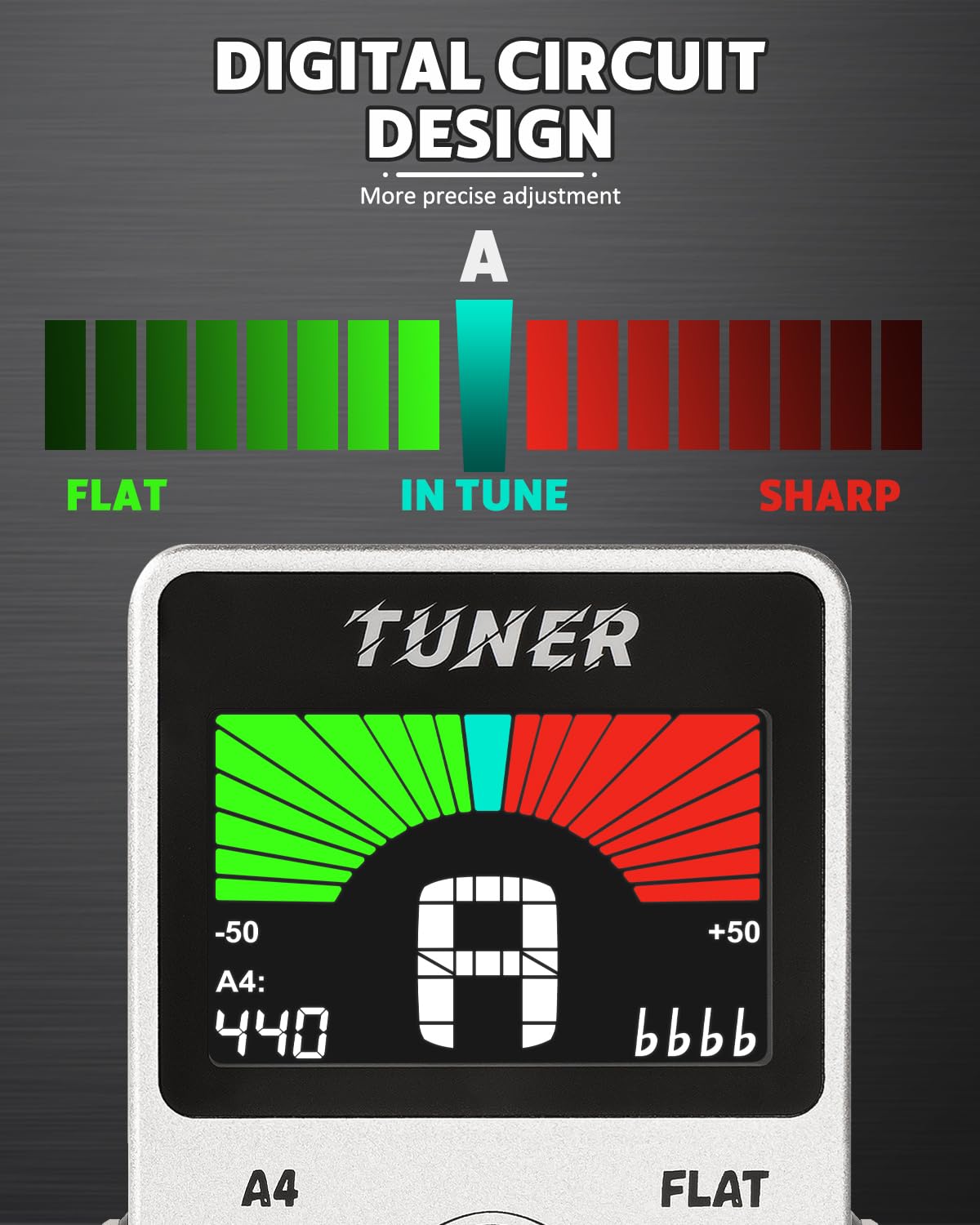 Strich Tuner Pedal, Silver, Compact With Large Color Screen   Precision Chromatic Drop Tuning, 430 450Hz A4, True Bypass For Ele