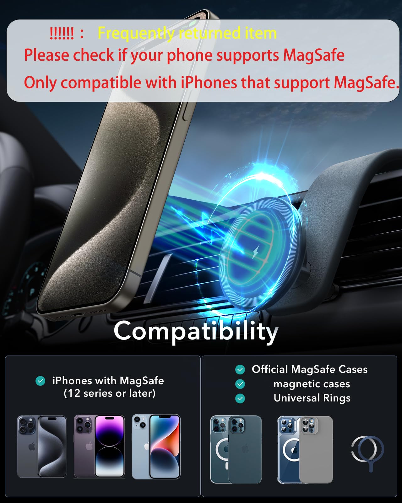 15W For Magsafe Car Mount Charger: Relocatable Car Phone Mount With 360 Adjustable Aluminum Arm , For Car Phone Mount Charger Da