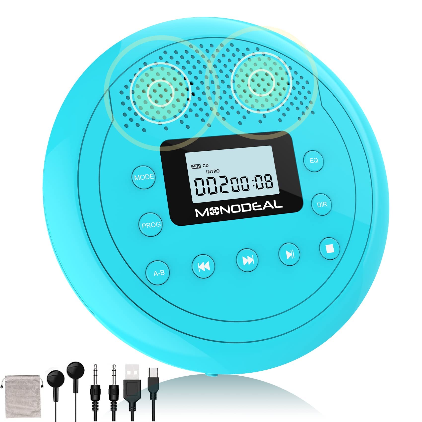 Cd Player Portable | Speaker Built In Rechargeable Cd Player By Monodeal | Walkman Cd Player For Car And Home, Kids, Anti Skip Cd Player With Headphones(Cyan Blue)