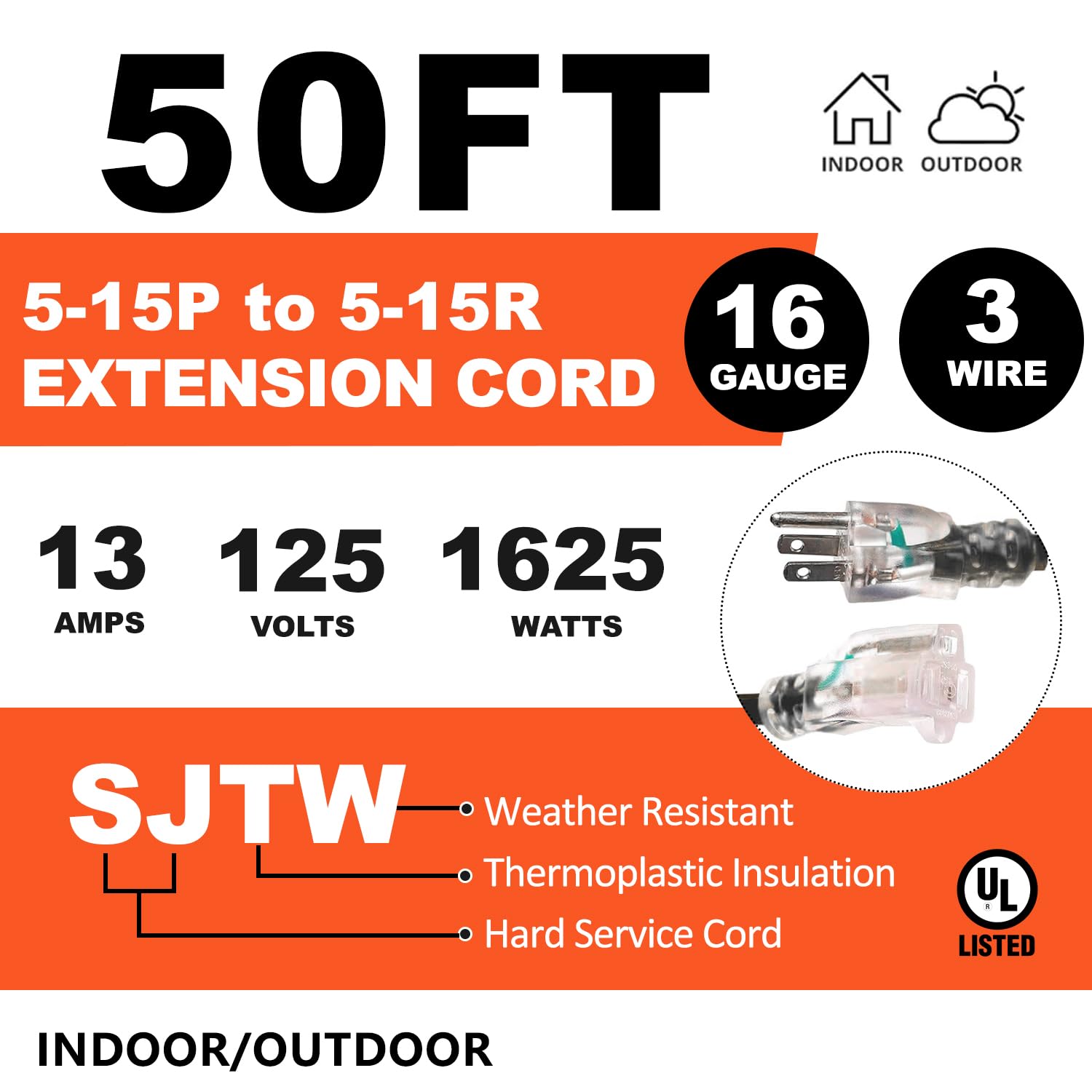 16/3 Gauge Black Outdoor Extension Cord 50 Ft Waterproof With Lighted Indicator, Cold Weatherproof  40C, Flexible 3 Prong Extens