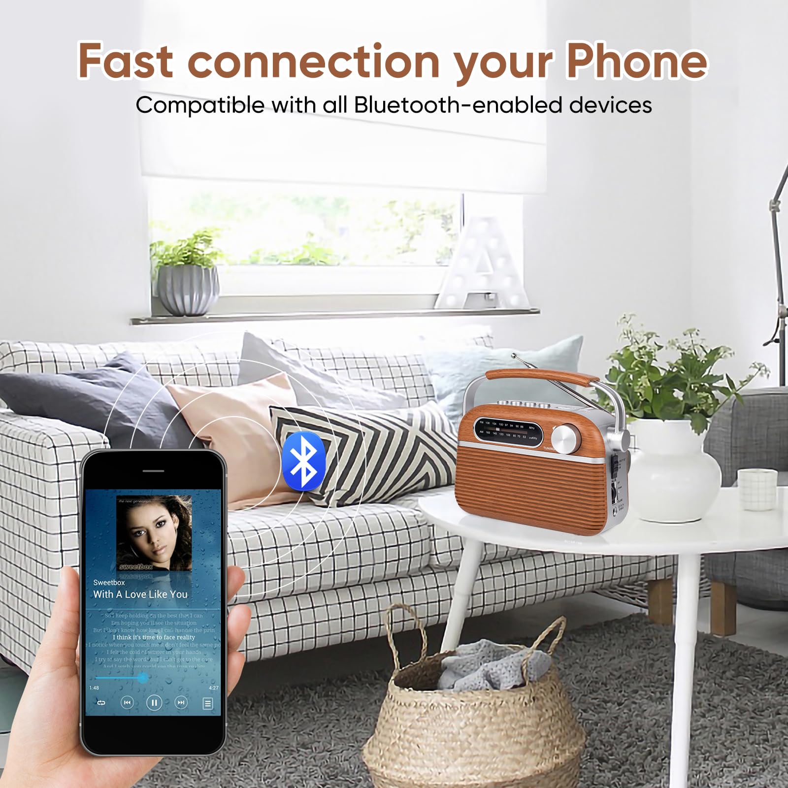 Ongteed Portable Am Fm Analog Radio Plug In Wall With Bluetooth Speak, 3 Way Power Sources, Built In Rechargeable Battery, Ac Or