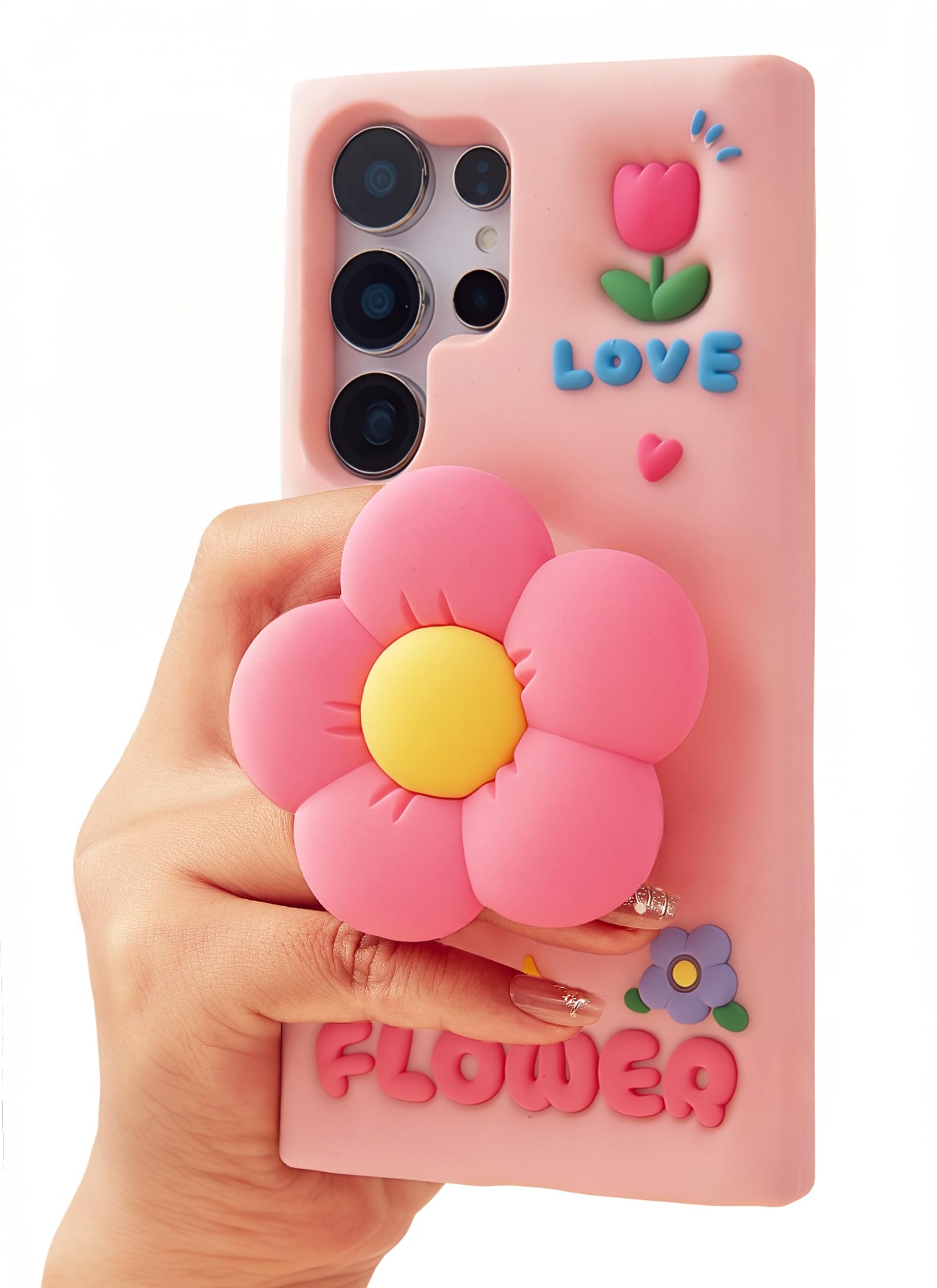 TUFTA Cute 3D Flower Pop-Up Stand and Grip Phone Case for Samsung Galaxy S25 Plus, Kawaii Cartoon Soft Silicone Phone Cover, Ado