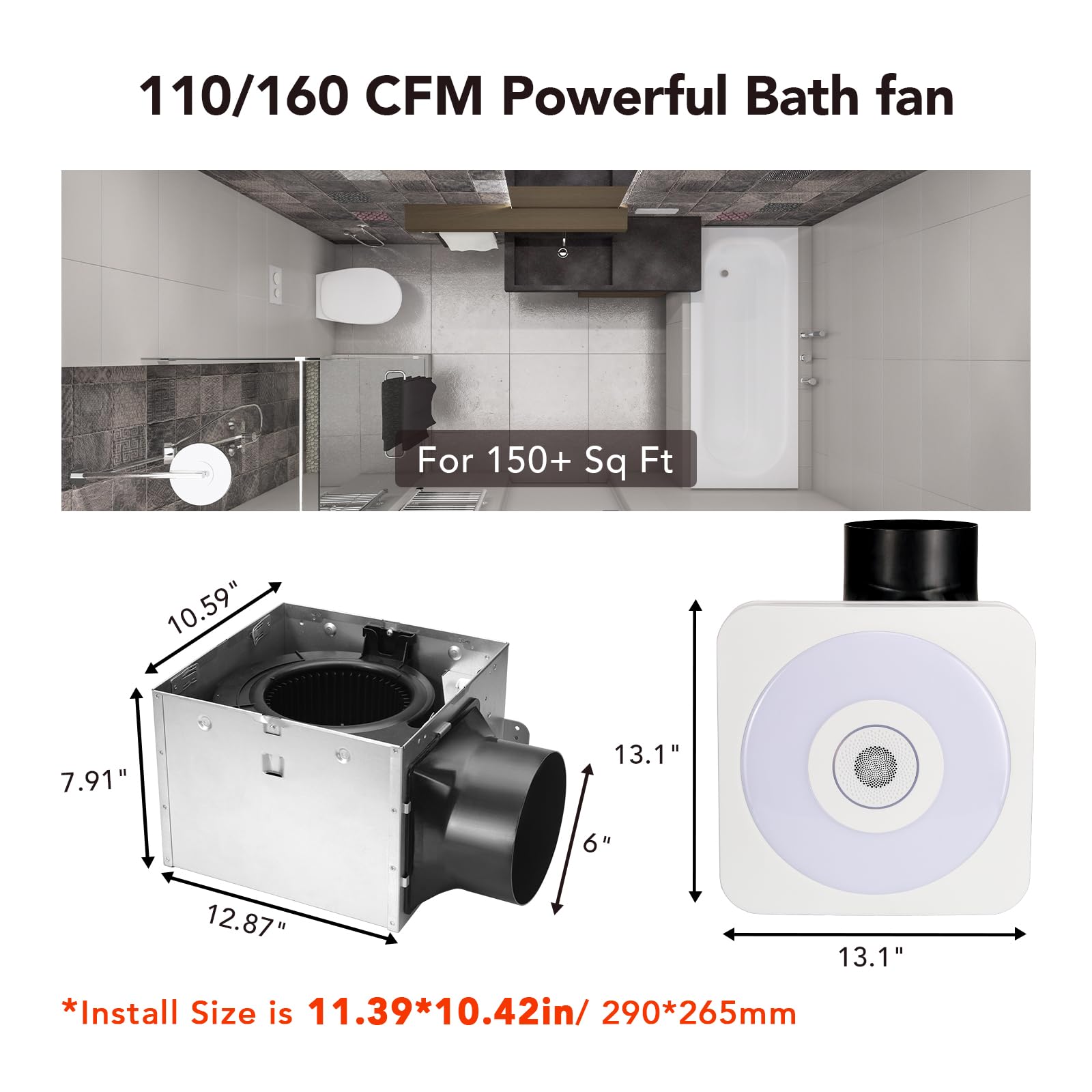 Orein Ol005 Bathroom Fan With Bluetooth Speaker, 110/160 Cfm 1.0 Sone Bathroom Exhaust Fan With Light, 40W Bathroom Fan With Lig