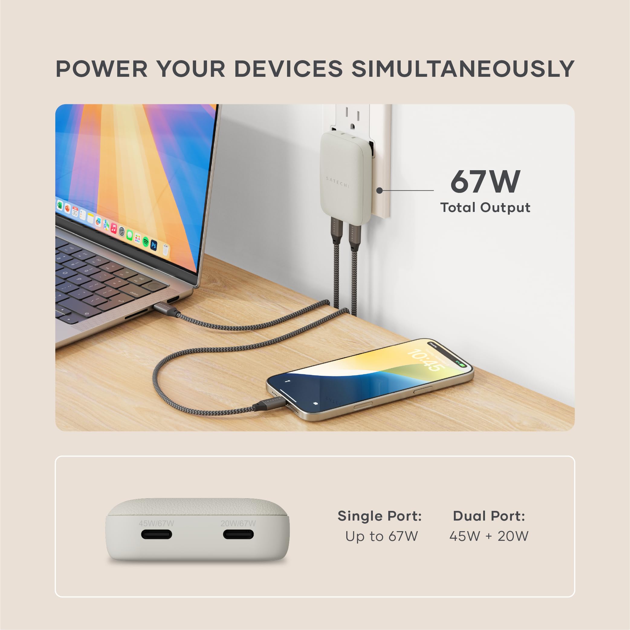 Satechi Onthego 67W Wall Charger, Gan Usb C Travel Charger With 2 Usb-C Pd Fast Charging Ports, For Macbook Pro/Air M4/M3, Ipad