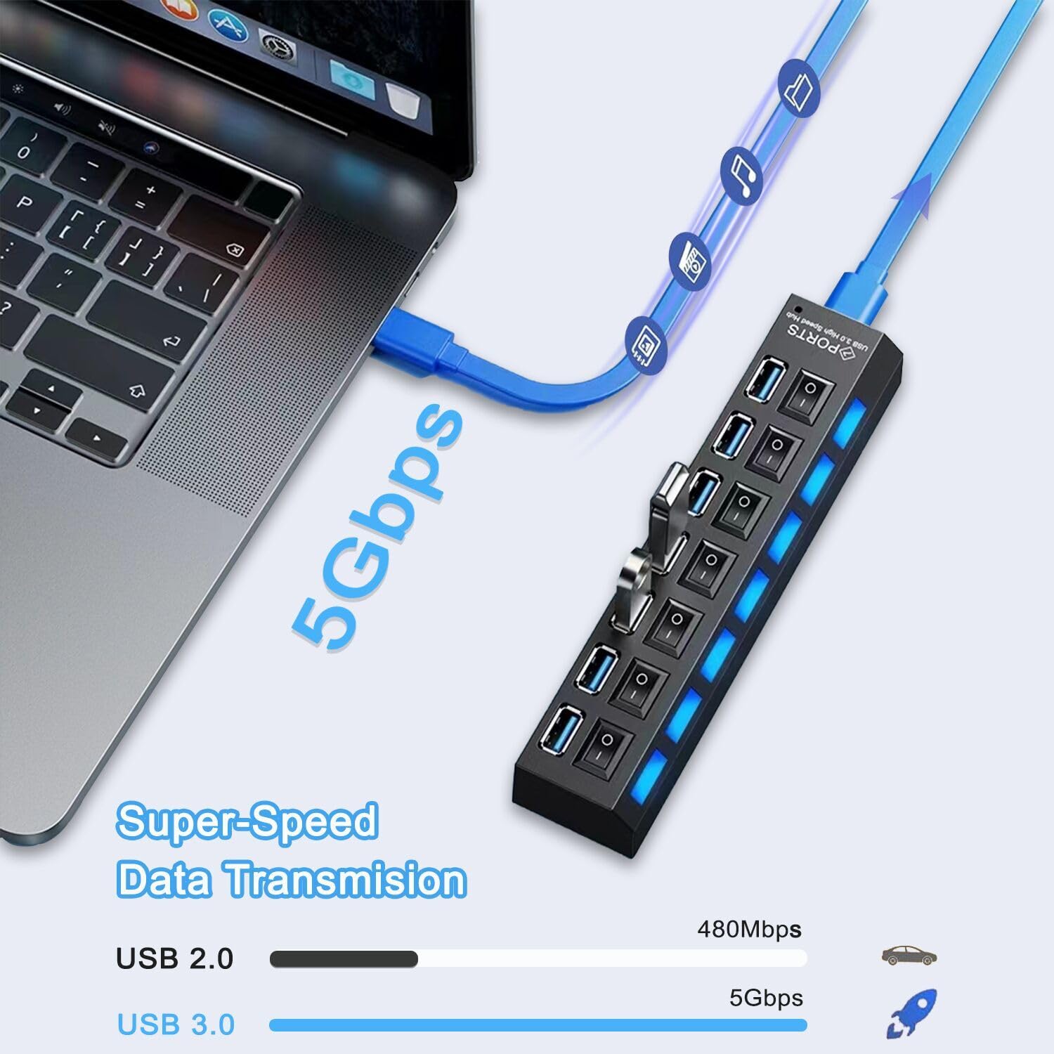 Usb Hub 3.0, Vienon 7-Port Usb Extender Usb Splitter With Independent Led Switches Multi Usb Port Hub For Laptop, Pc, Macbook, M