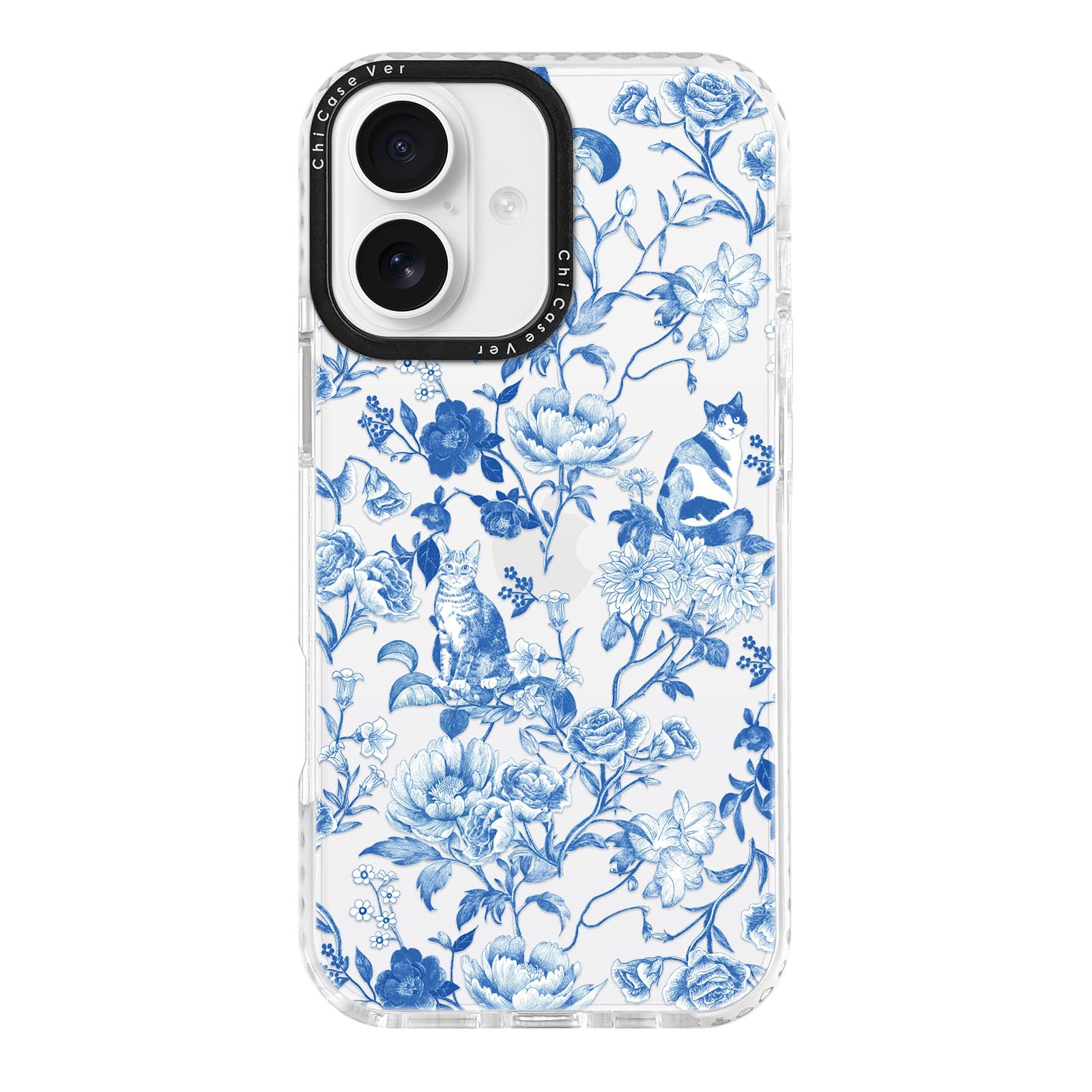 ChiCaseVer for iPhone 17 Case, Blue White Porcelain Floral Cat Pattern Artistic, Elegant Feminine TPU Compatible with MagSafe & 