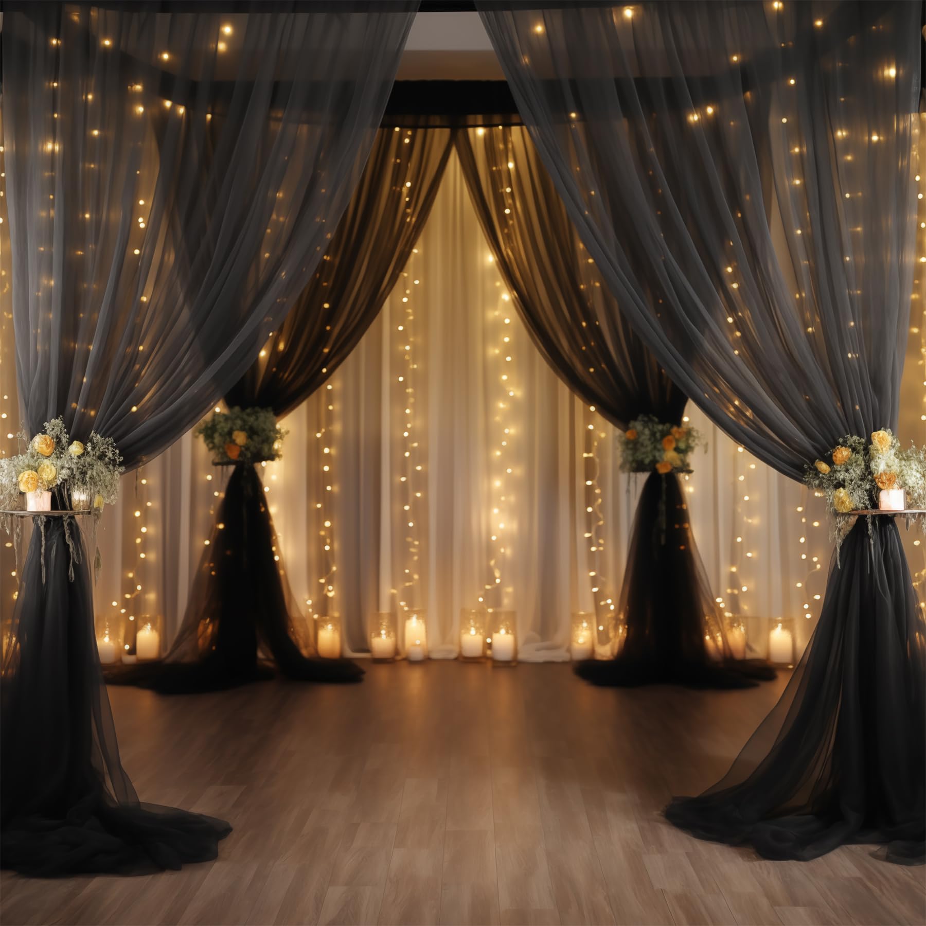 Wish Care 10X10Ft Sheer Black Backdrop Curtains For Parties, Tulle Wedding Arch Draping Fabric Photo Background For Birthday Par