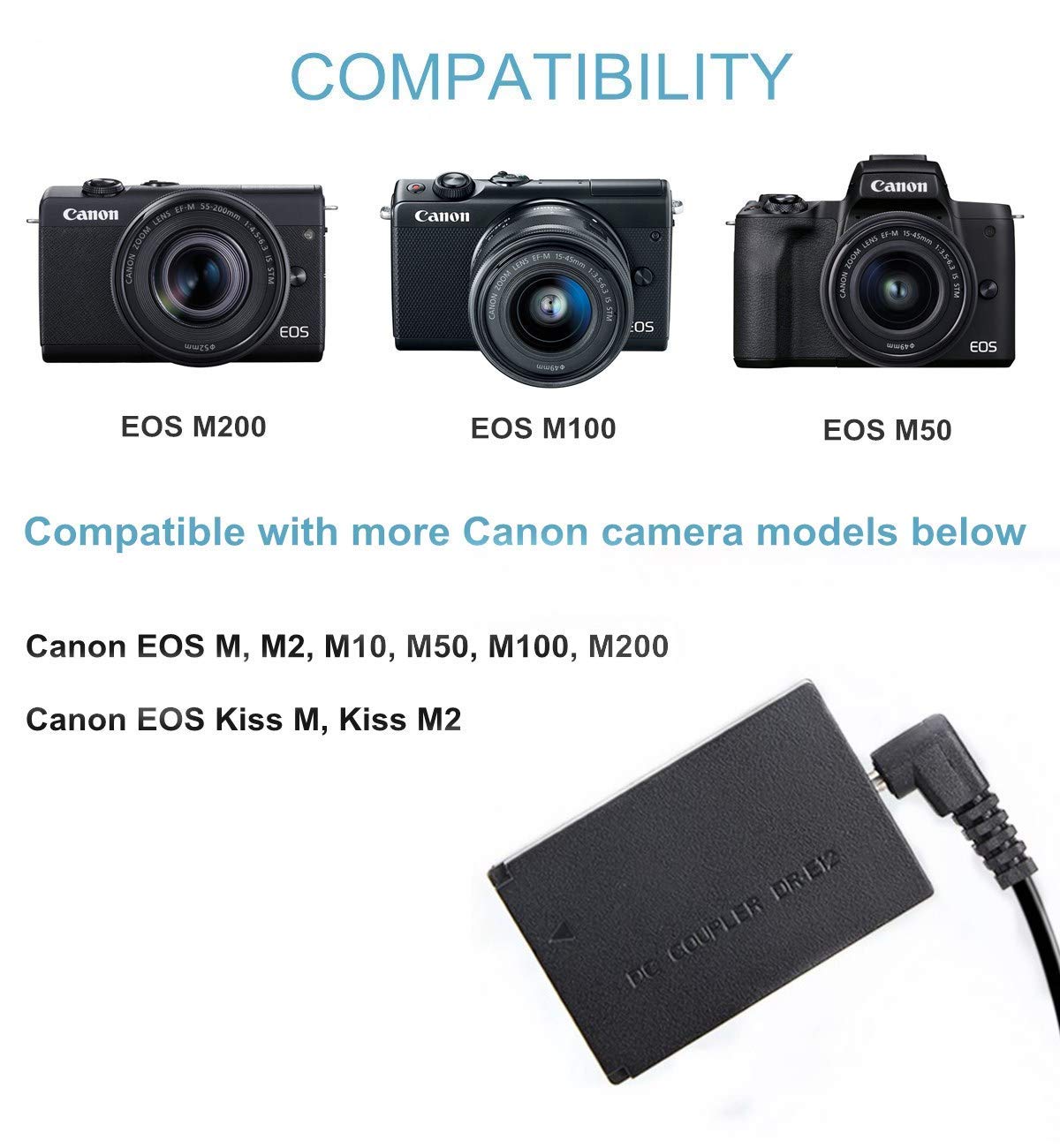 Kimaru Ack E12 Ac Power Adapter Dr E12 Dc Coupler Lp E12 Dummy Battery Kit For Canon Eos M10, M50, M50 Mark Ii, M100, M200, Eos M M2,Kiss M M2 Cameras.