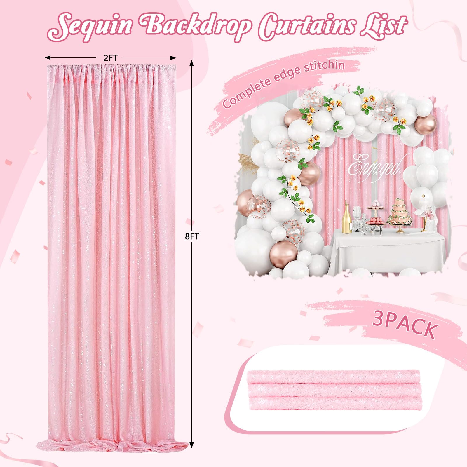 Pink Backdrop For Wedding Party   6X8Ft Sequin Backdrop Curtains For Girls And Boy Birthday Theme Brildal Shower Decor(3 Panels