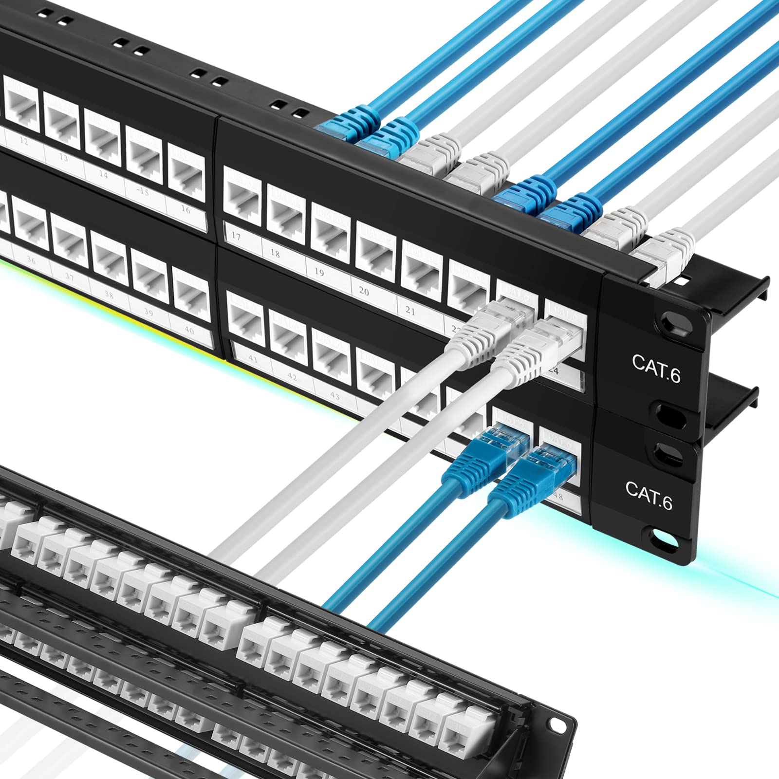 Rapink Patch Panel 48 Port Cat6 With White Inline Keystone 10G Support, Pass Thru Coupler Patch Panel Utp 19 Inch With Removable Back Bar, 1U Network Patch Panel For Cat6, Cat5E, Cat5 Cabling