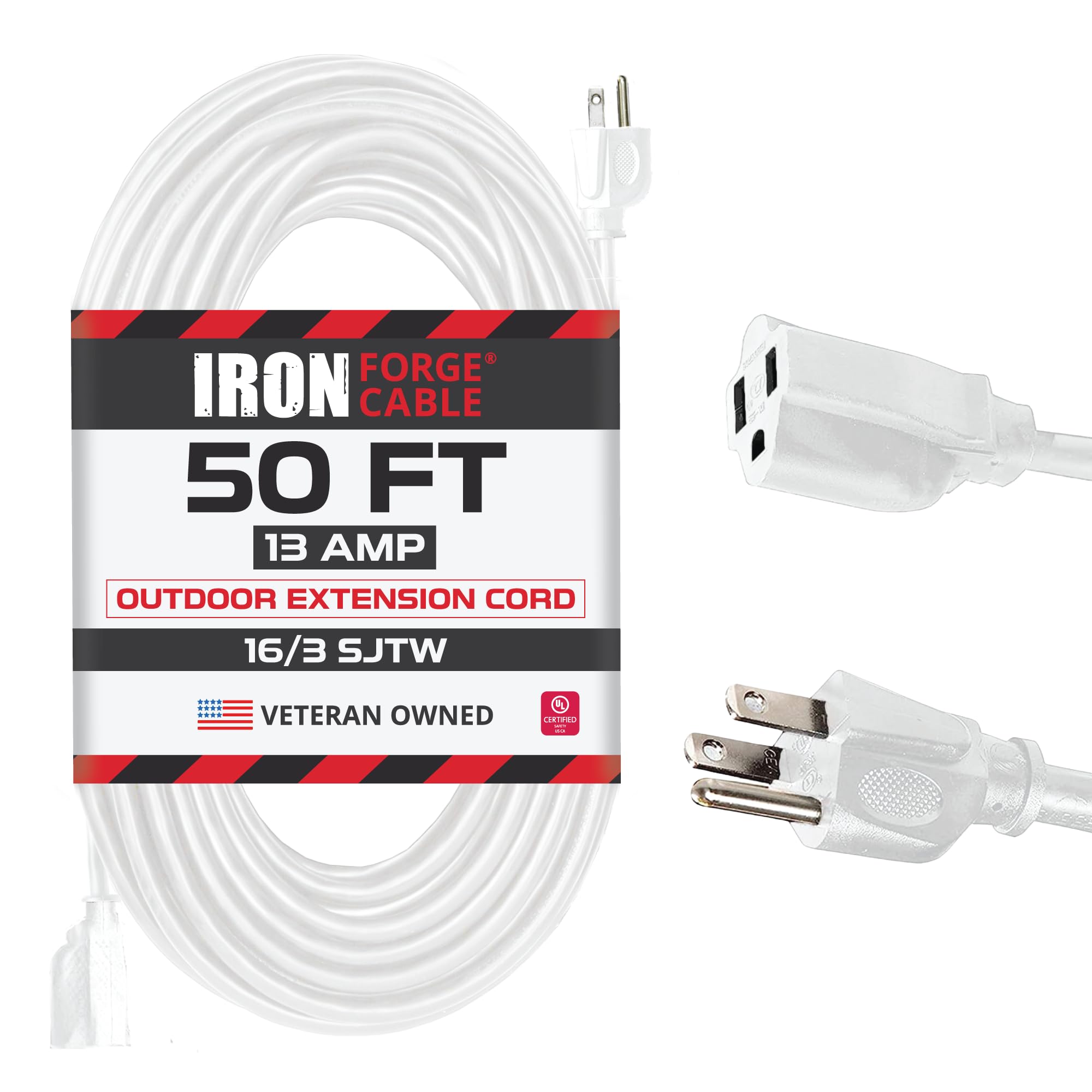 Iron Forge Cable Weatherproof 50 Ft Outdoor Extension Cord - 16/3 SJTW Heavy Duty White Extension Cord 3 Prong - 13 Amp Exterior