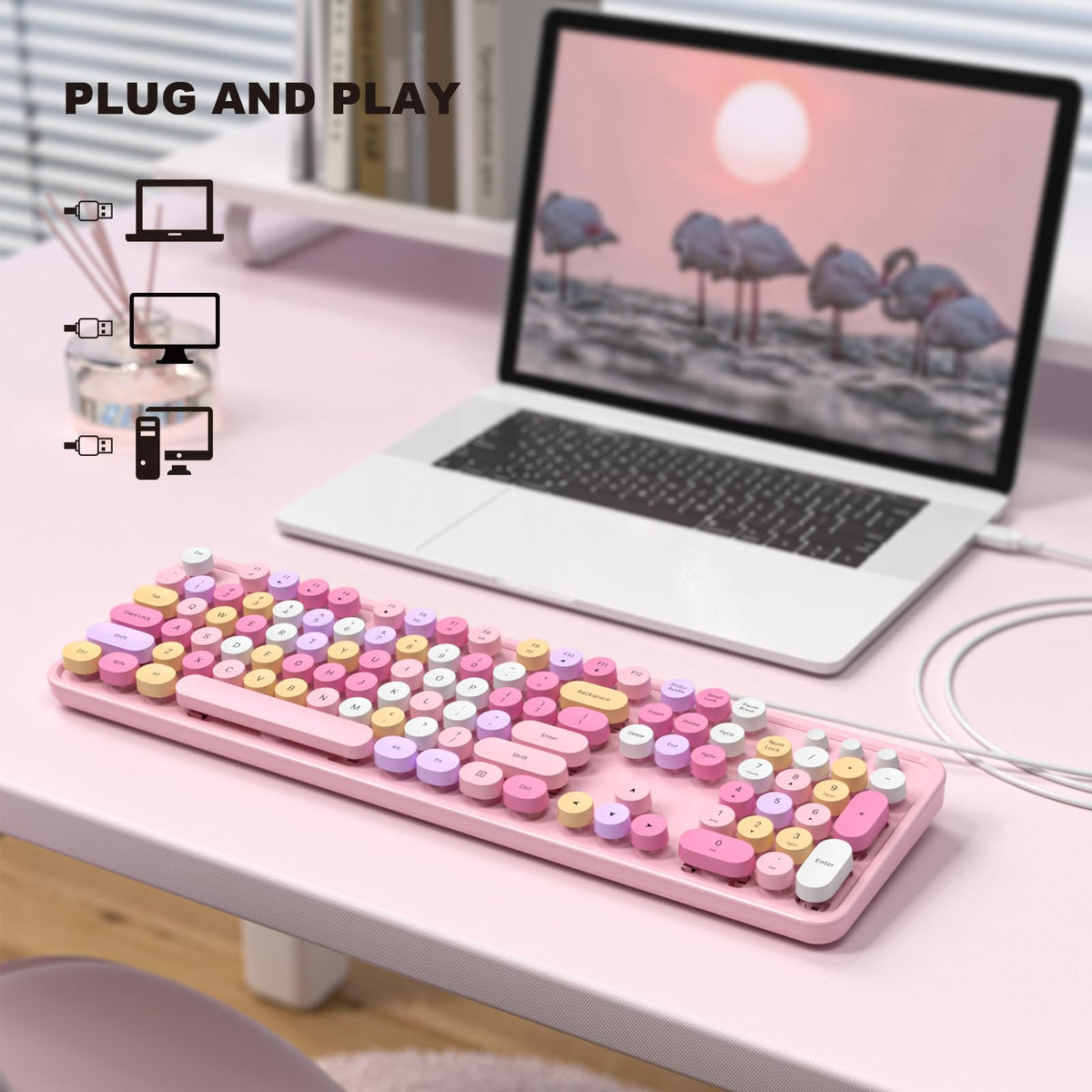 Mofii Keyboard Wired, Full Size Usb Keyboard Plug Play, Colorful Retro Round Typewriter Keyboard With Foldable Stands For Window