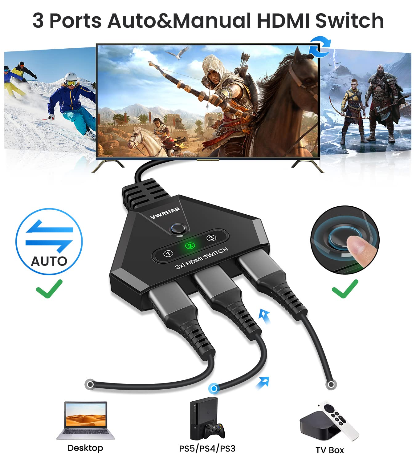 Hdmi Switch 4K Hdmi Splitter, Automatic Hdmi Switch 3 In 1 Out With Pigtail Hdmi Cable, 3 Ports Hdmi Switcher Support Hdcp 2.2 F