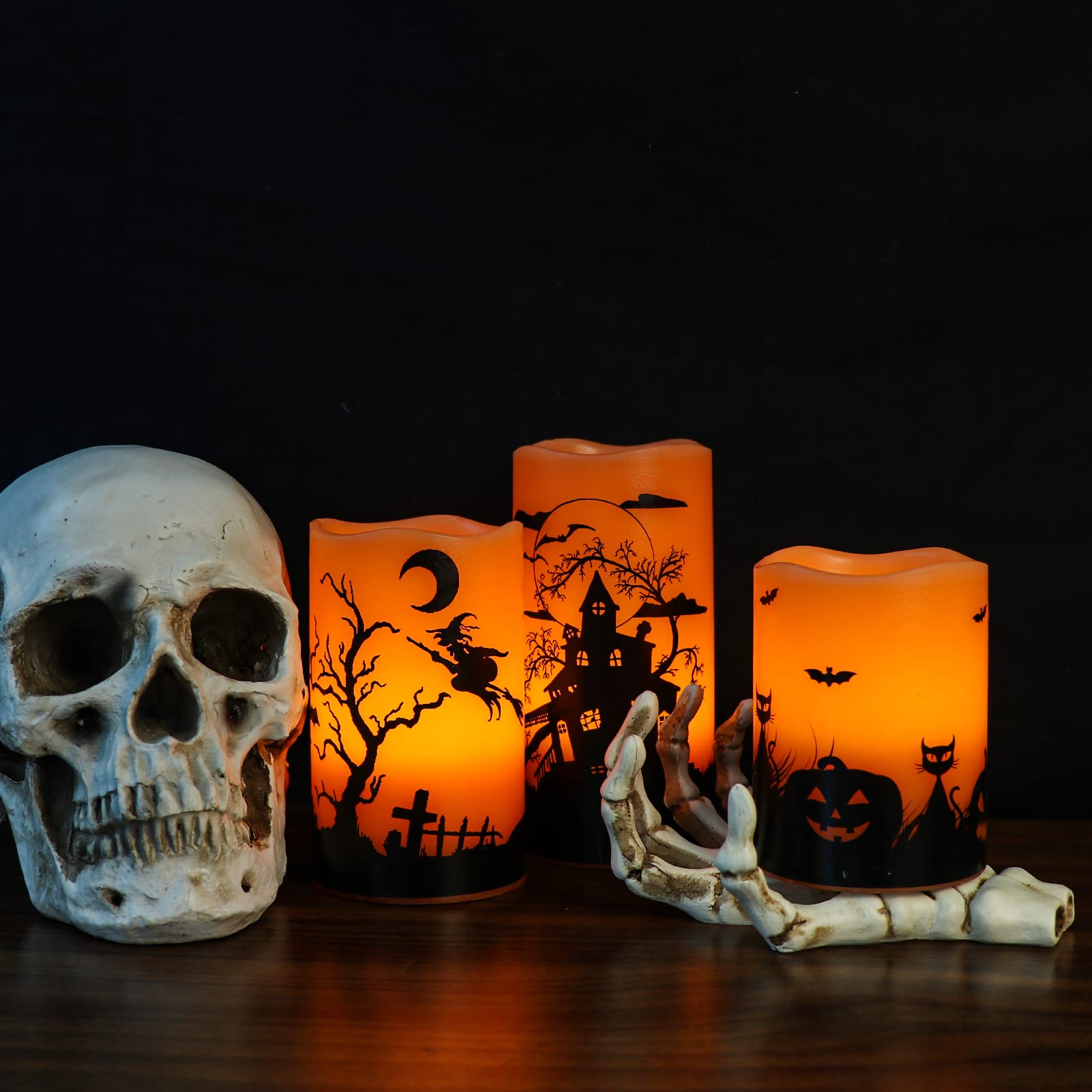 Wondise Halloween Flickering Flameless Candles With 6 Hour Timer, Battery Operated Led Real Wax Candles Set Of 3 Halloween Home