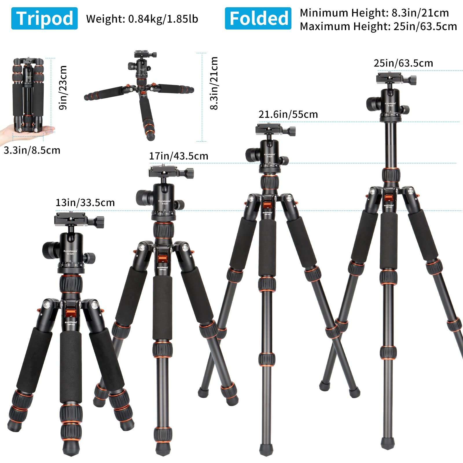 Koolehaoda Mini Tripod Aluminum Alloy 7"-25" Adjustable 360° Ball Head, Load up to 22lbs, Orange, Model TMP-223