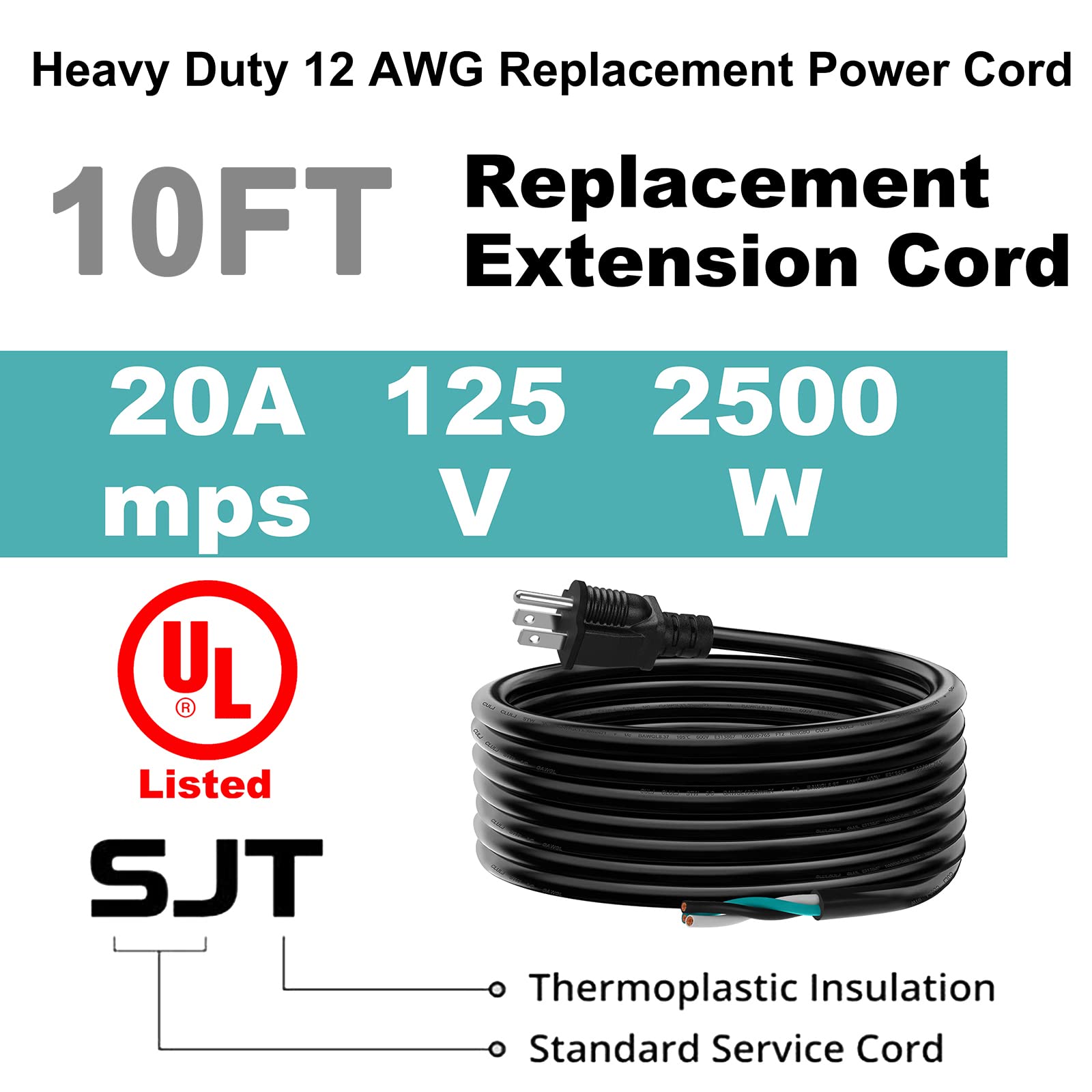Lakczio 10 Ft 12 Awg 3 Prong Replacement Power Cord, 20 Amp 12 Gauge 3 Conductor Wire Extension Cable With Pigtail Open Wiring E