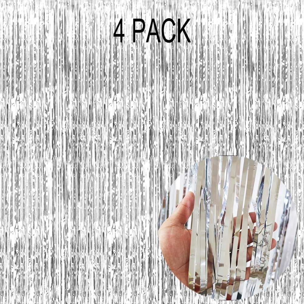 Eufars 4 Pack Silver Fringe Backdrop Curtain   Silver Streamers For Birthday Party Backdrop, Silver Backdrop For Graduation Deco