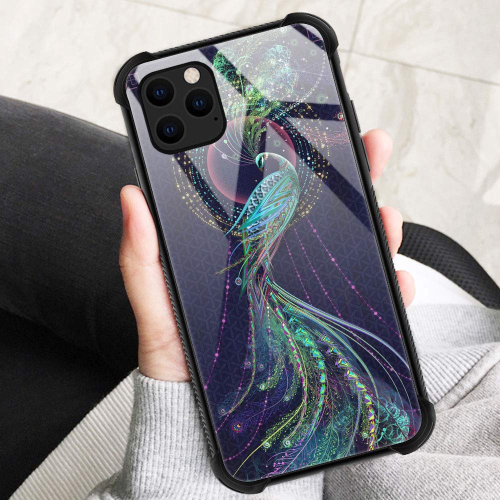 ZHEGAILIAN Phone Case for iPhone 12 Mini Peacock Design Organic Glass TPU Green 5.4 inch