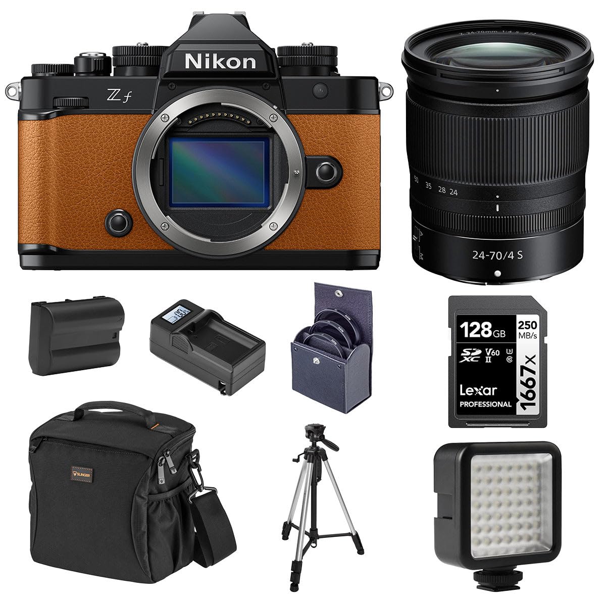 Nikon Z f Mirrorless Camera, Orange with NIKKOR Z 24-70mm f/4 S Lens, Bundle with Battery, 128GB Memory Card, W49 Mini LED Light