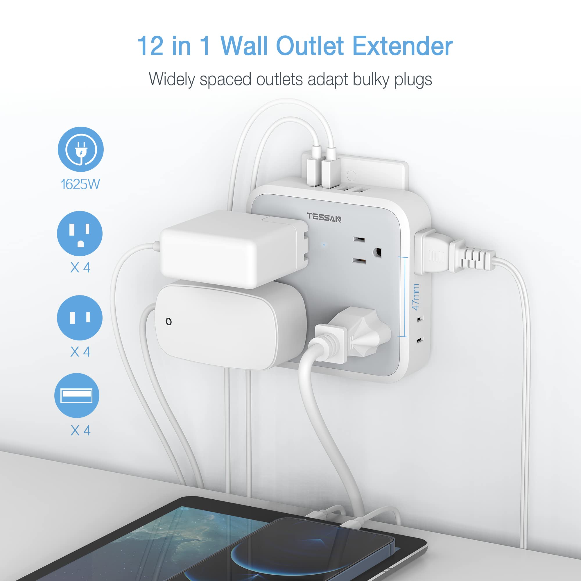 Multi Plug Outlet Extender, Tessan Multiple Outlet Splitter With 4 Usb Wall Charger, Widely Spaced 8 Electrical Plug Expander Su