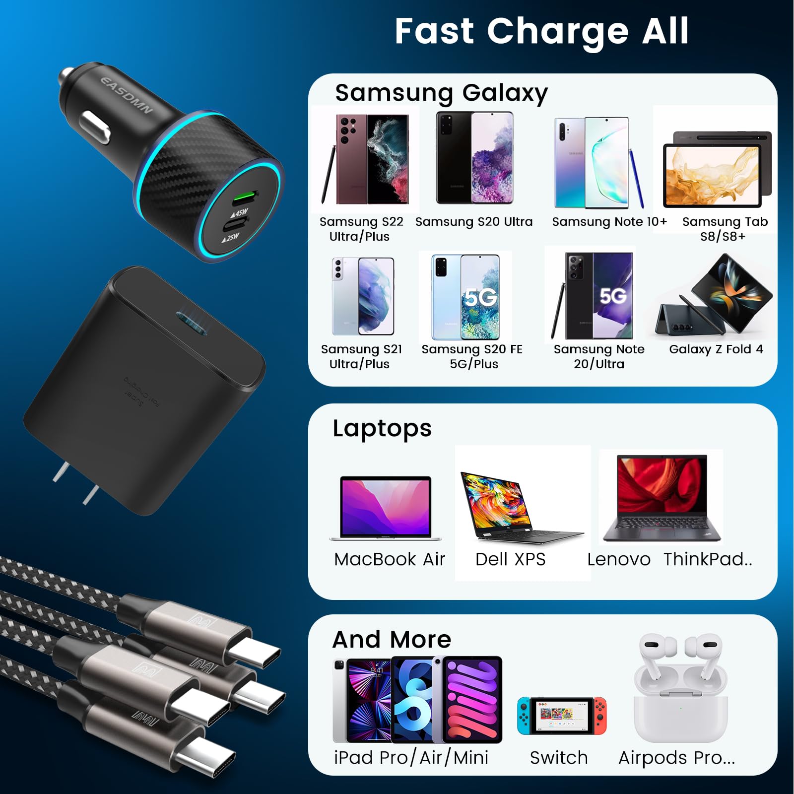 45W Usb C Charger, 2 Pack 45 Watt Super Fast Charger Type C Pps Wall/Car Charger For Galaxy S24 Ultra/S24+/S23 Ultra/S23+/S23/S2